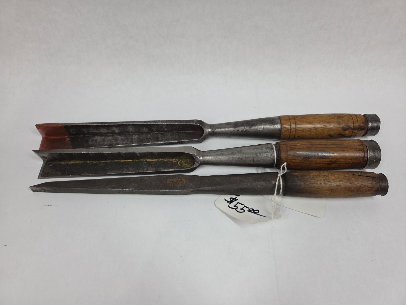 Heavy Mortice Chisels: Lot of three, S&W. Co 1 inch, unmarked 1 inch, and W. Greaves & Sons. Each approx 16 inches