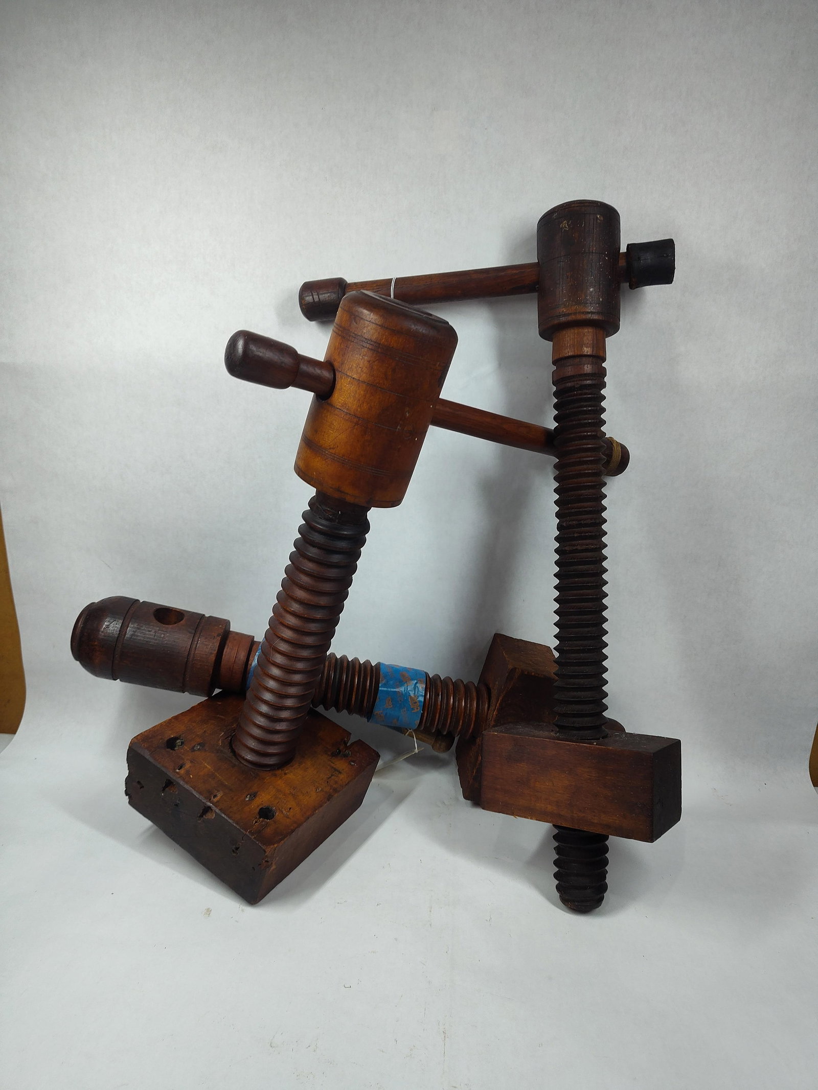 3- Old Wooden Screw Clamps: Primitive wooden clamps all in very nice condition. 20-23 inches long
