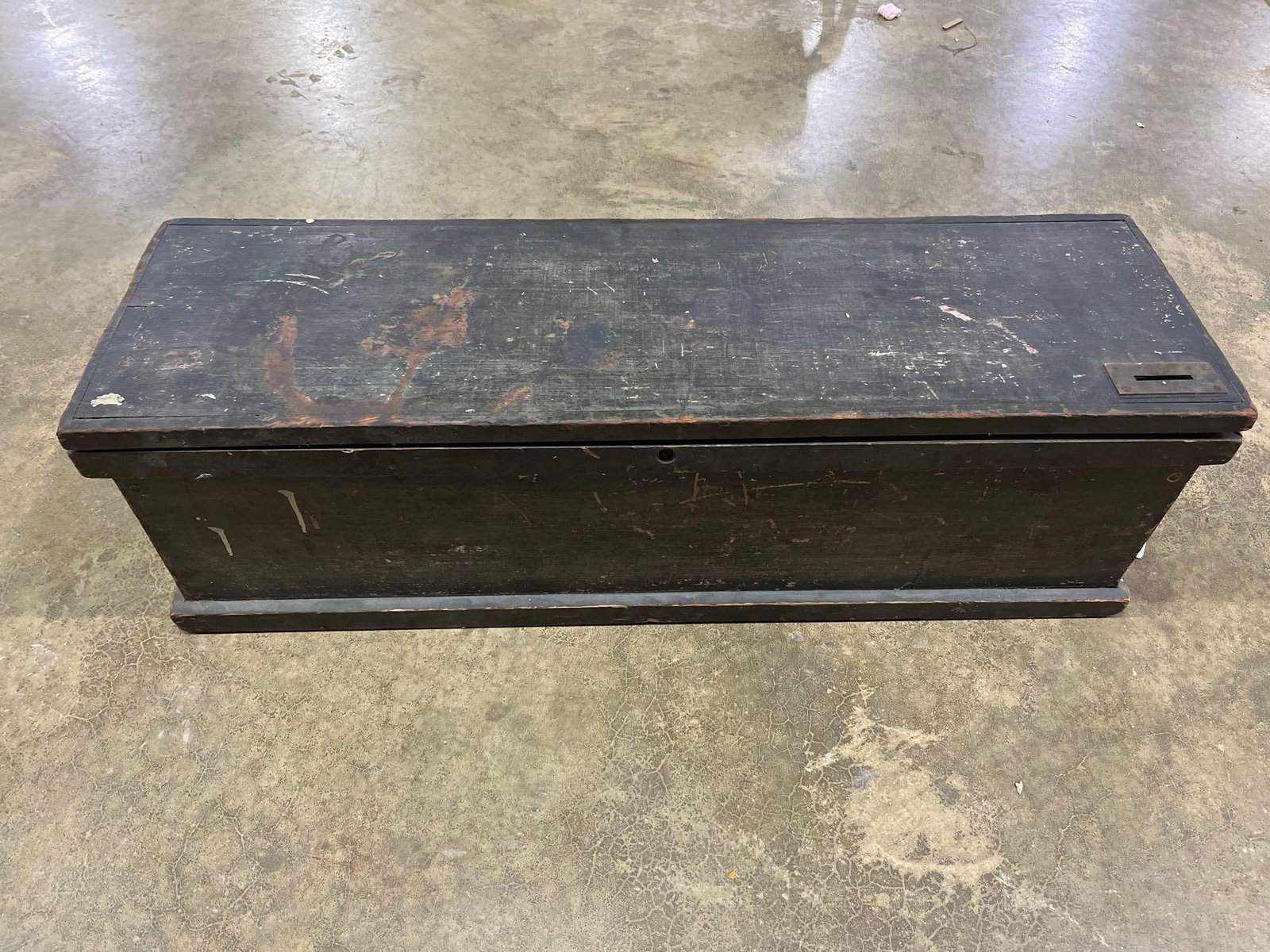 Primitive Painted Tool Chest: Two removable trays to the inside. Excellent condition! With old cast iron handles and brass hardware. 35x10.5 X 11