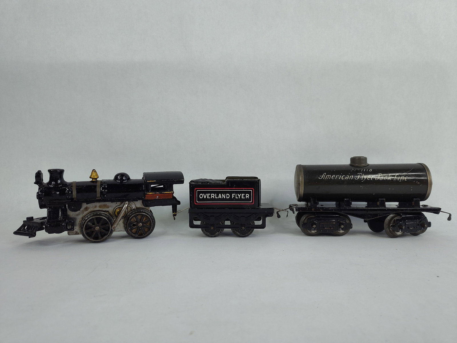 Early Hafner Ovarland Flyer Coal Car, American Flyer Locomotive and Tanker Car (1 of 4)