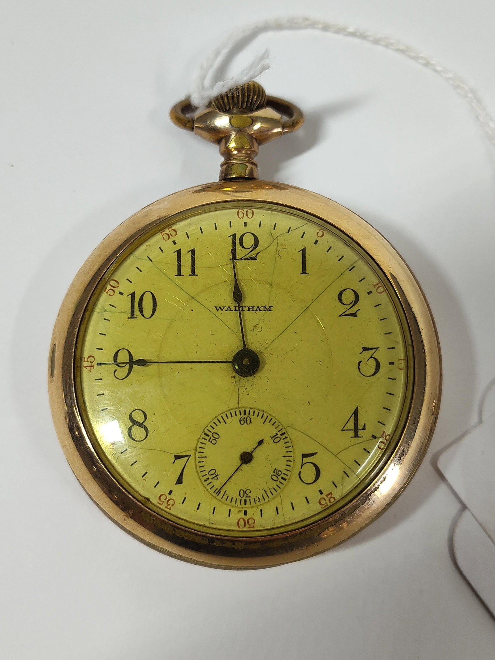 American Waltham Watch Co. 17 Jewel Pocket Watch: Keystone eagle in flight case showing wear along with minor areas of cracking to face good working order with finish loss around edges and wear to threading