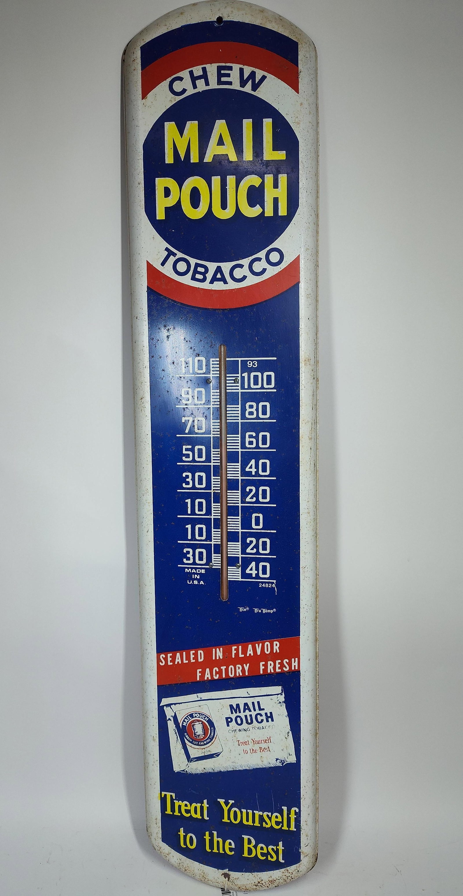 Mail Pouch Tobacco Thermometer: Working Mercury. Some surface spotting shows to lower half. 39x8
