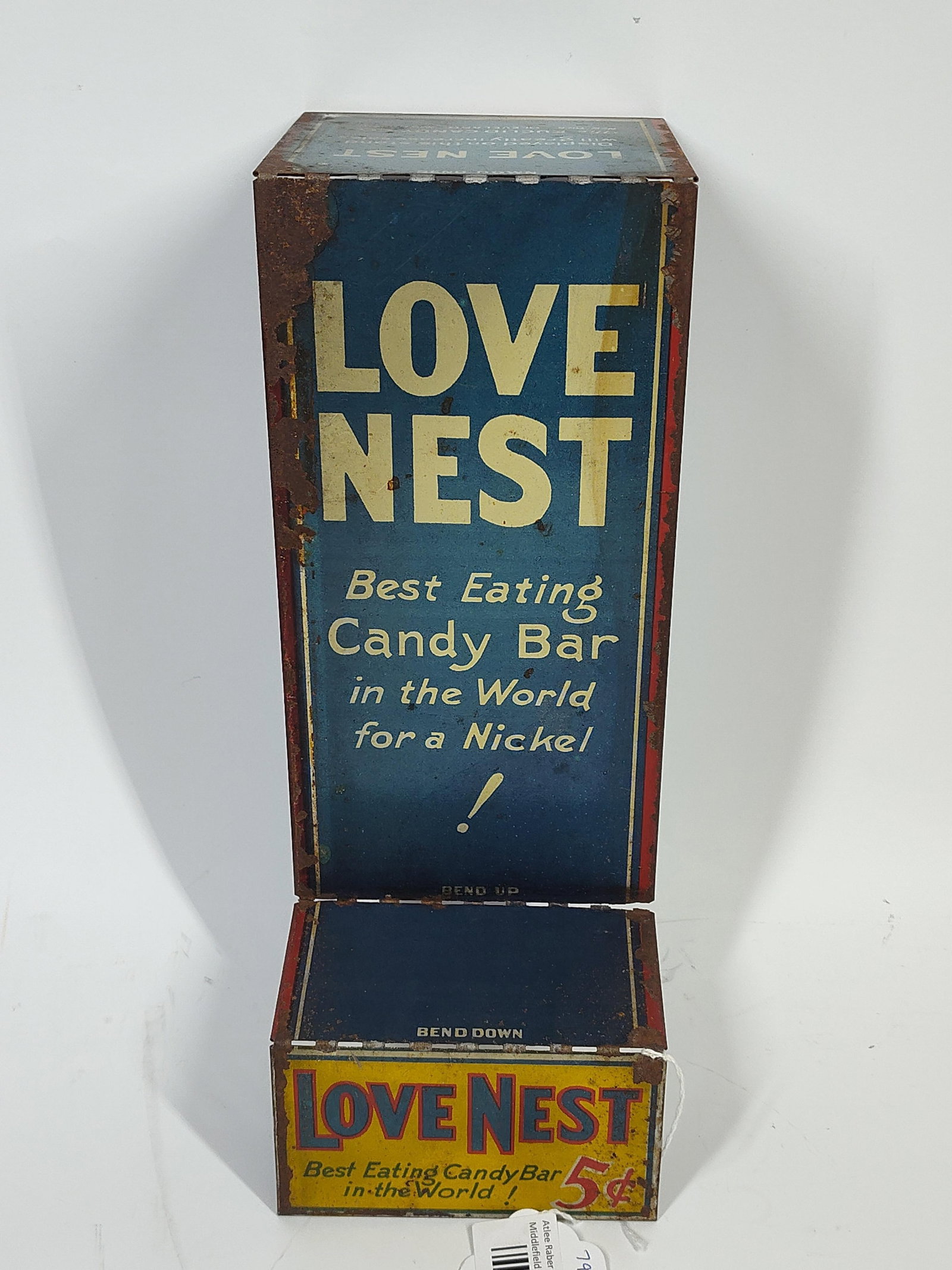 Love Nest Candy Bar Metal Display Rack: 5 cent candy, shows some surface rust along edges but great color. 12.5x4.5 inches