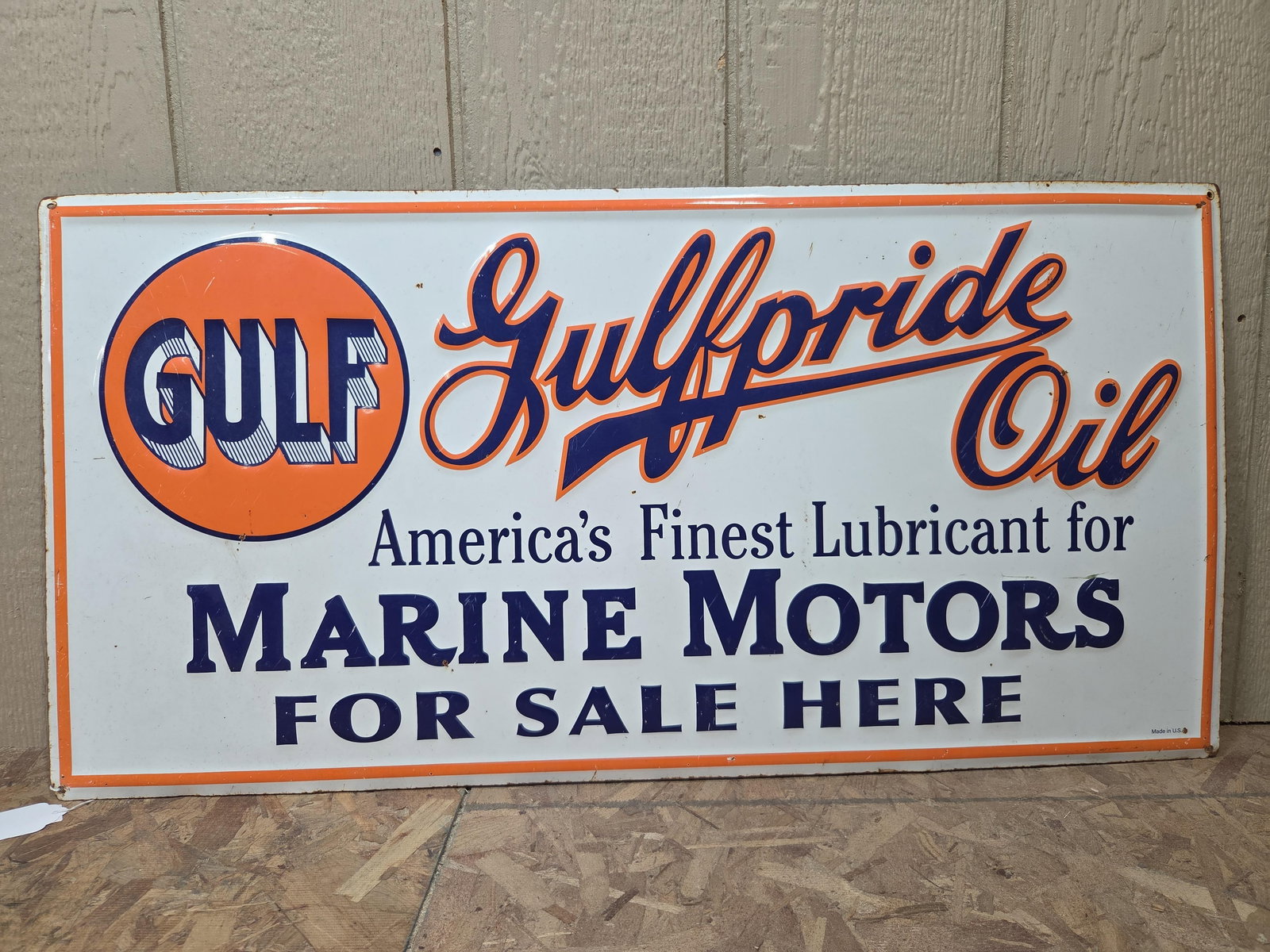 Gulfpride Oil SST SIgn: Embossed lettering, rust along edges but no large damage.This is a newer sign. Made in USA. 34x17