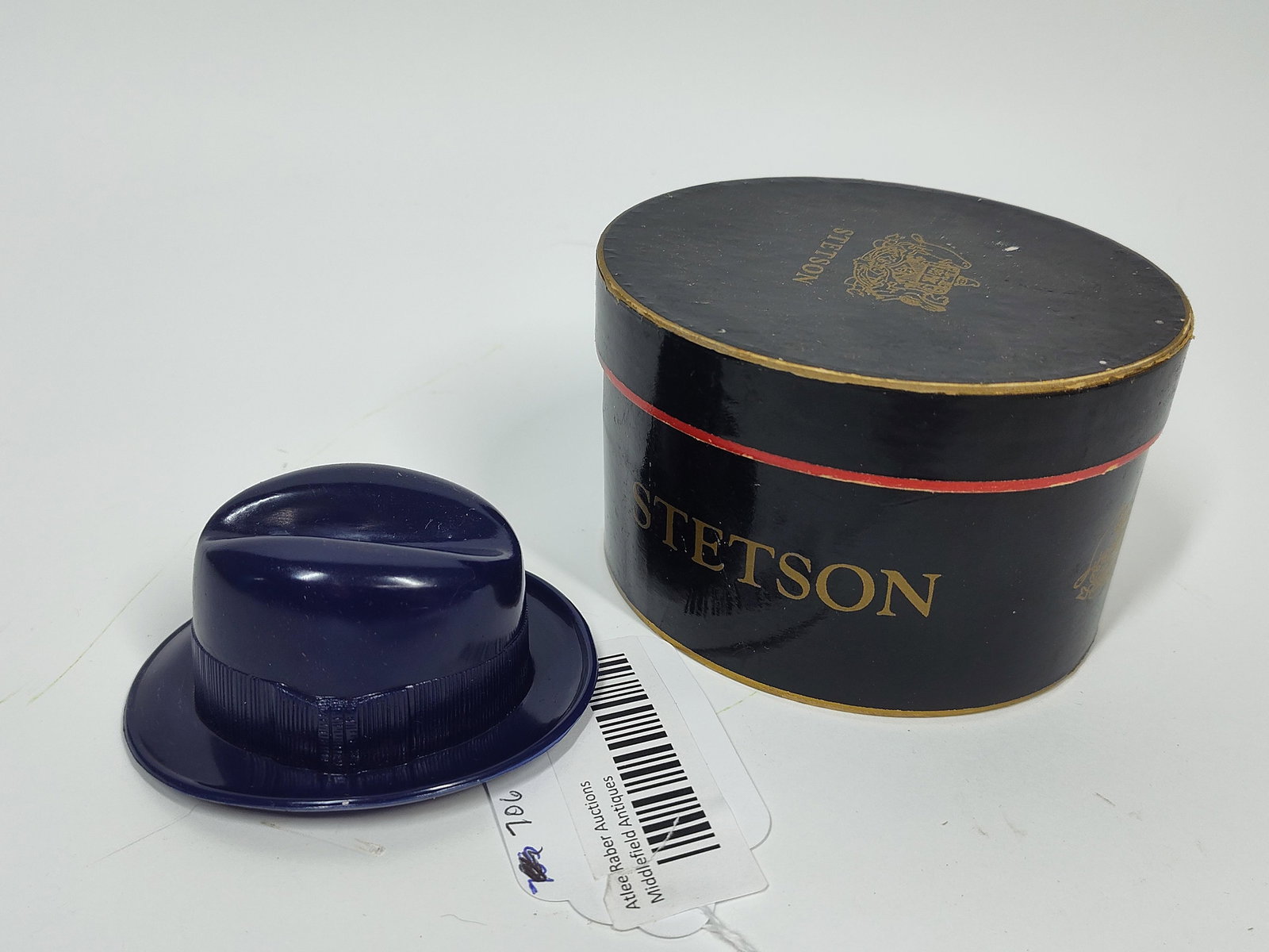 Salesman Sample Stetson Bowler Hat: Navy blue plastic with hat box. 3x5x1.5