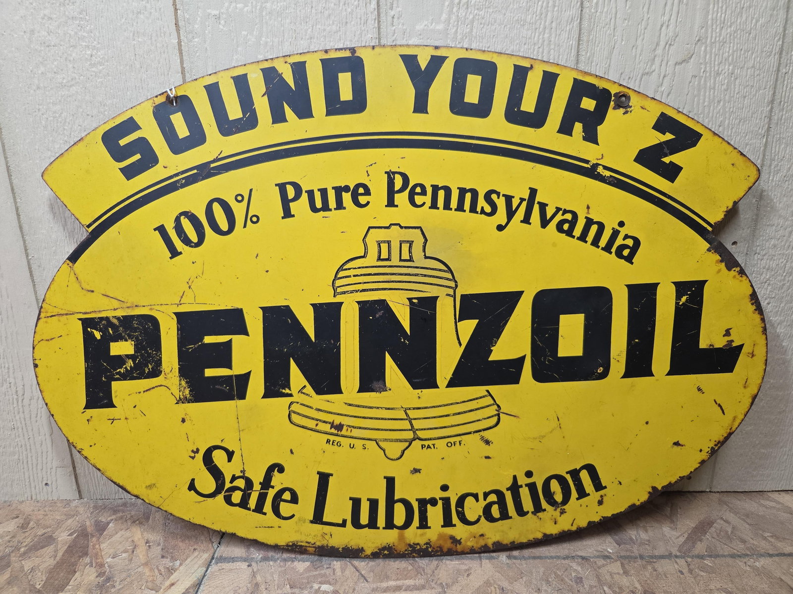 Double Sided Pennzoil Sound Your Z SIgn: Faded color to one side. Scratches and minor surface rustingshow to both sides. 32x22