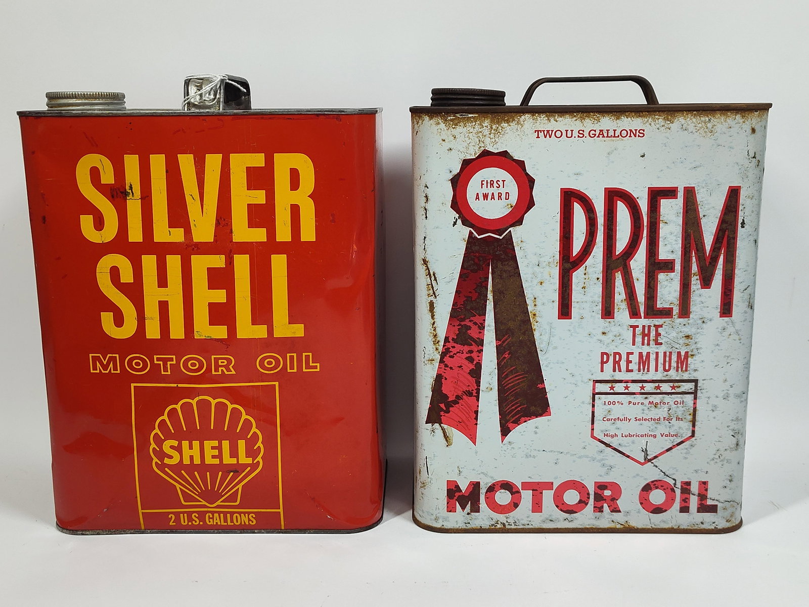 Prem 2 Gal. Motor Oil Can & Silver Shell 2 Gal. Motor Oil Can Lot of 2: Great vintage collectible cans
