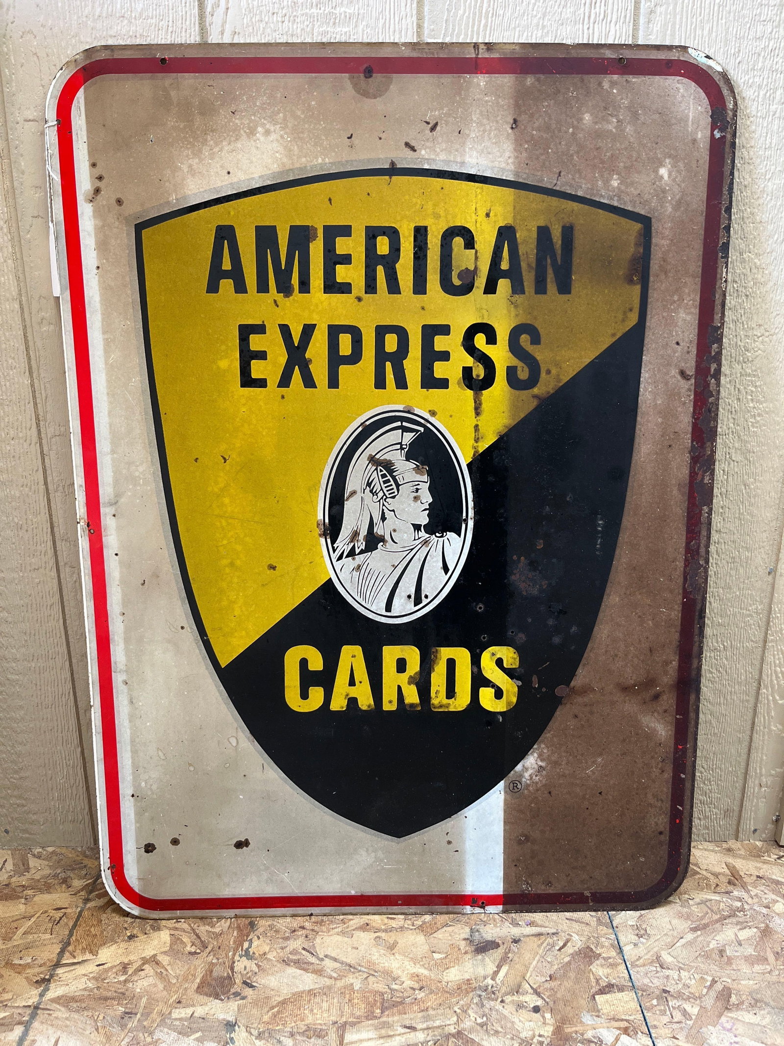 SSS American Express Dealer Sign: Showing discoloration due to age and display measuring 26 x 35
