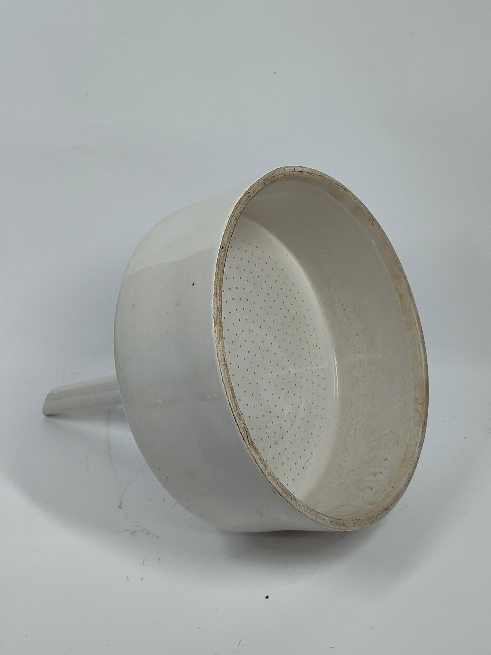 Large Ceramic Coors Funnel: Large 10 inch basin with straining holes in the bottom. Good condition, no cracks or chips. D-33
