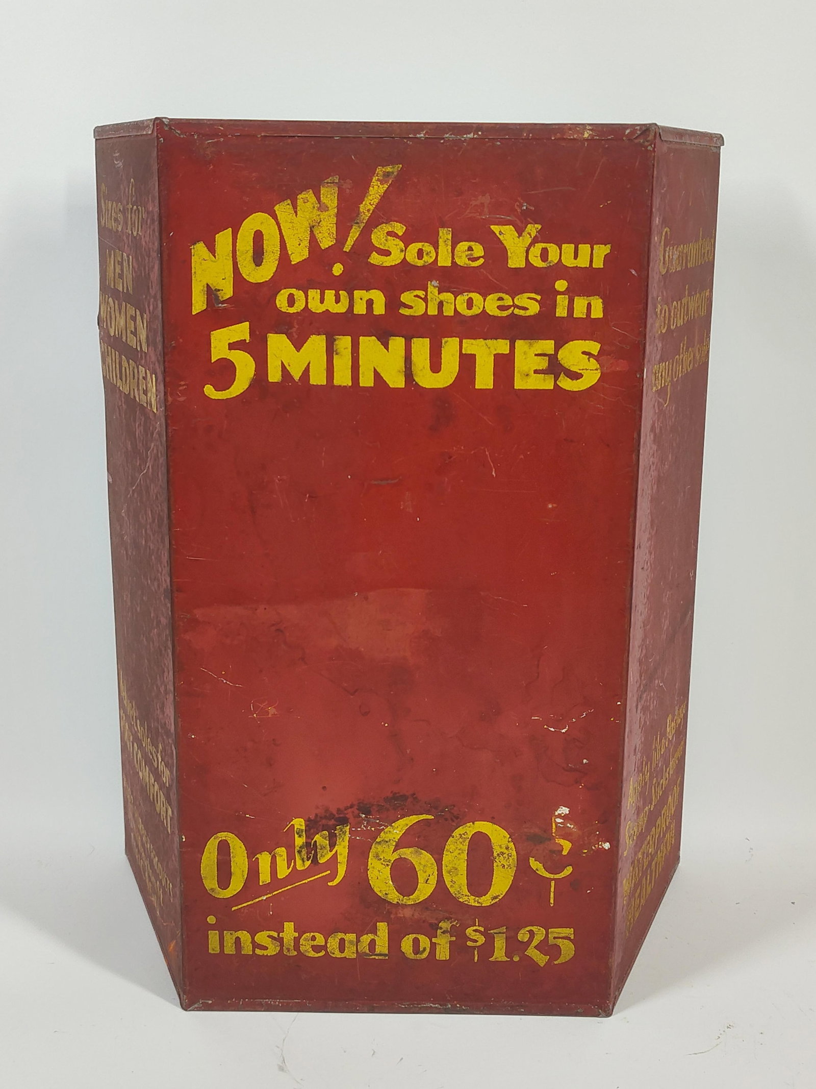 Velvet Sole Rubber Country Store Display: Red meta storage shelf with yellow lettering. Chicago. 14x11x6