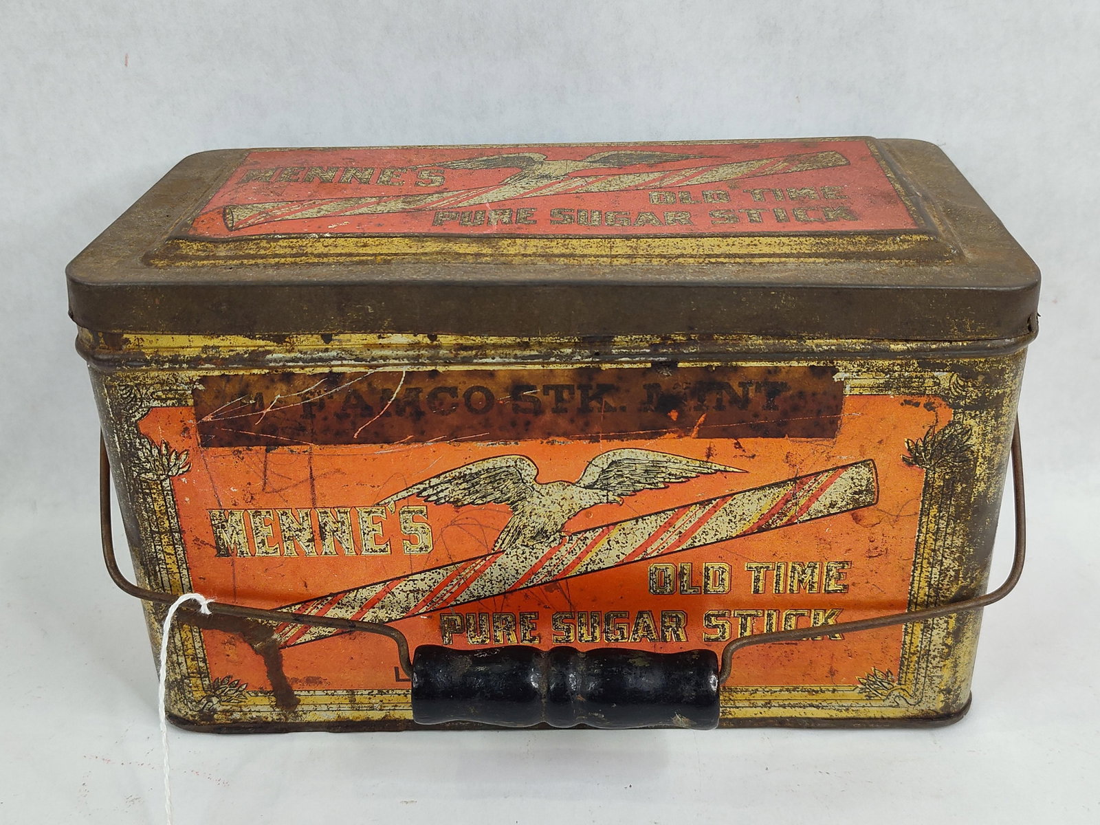 Frank A-Menne Factory National Candy Co Tin w/ Hinged Lid and Bale Handle: Great color and graphics with minor areas of condition issues as seen in photos due to age measuring 9 x 5 x 55