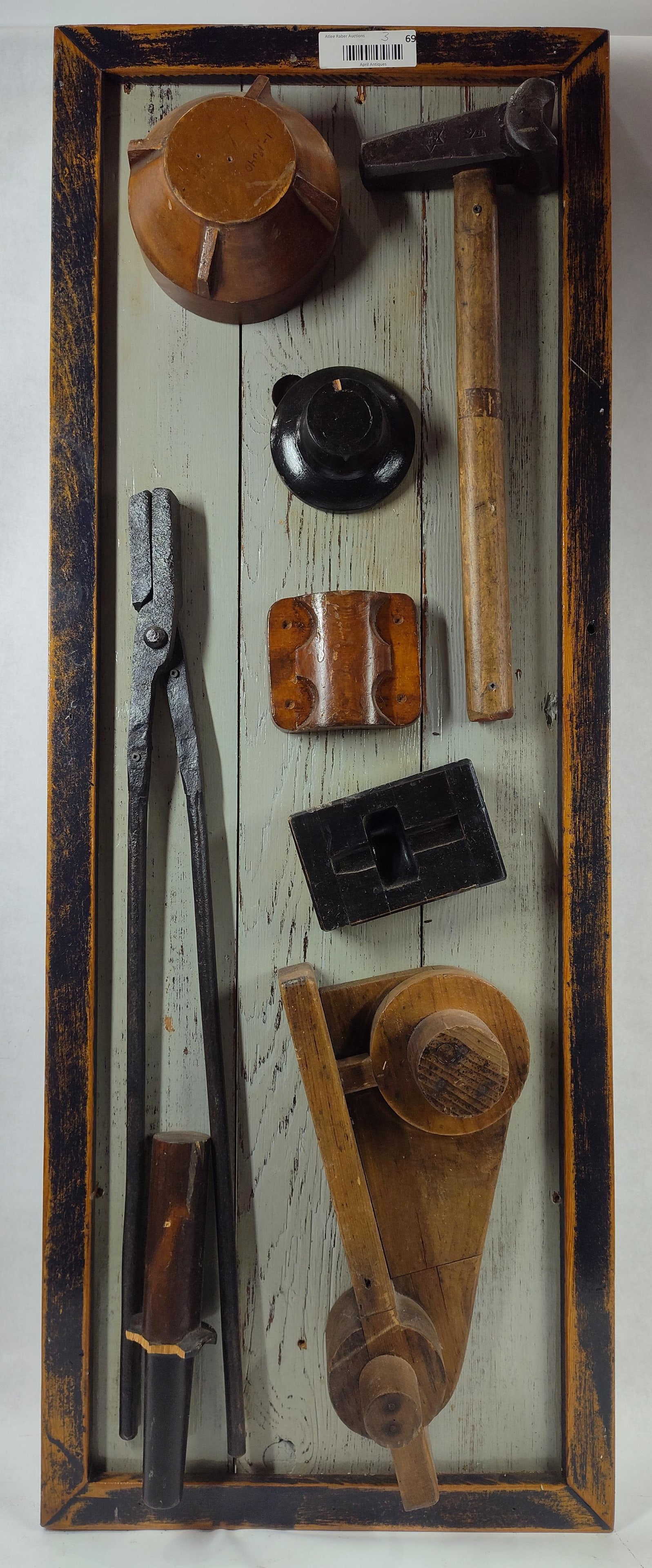 Great Primitive Industrial Mold and Tool Display on Rustic Self Framed Board: Great display as shown in photos measuring 16 x 42