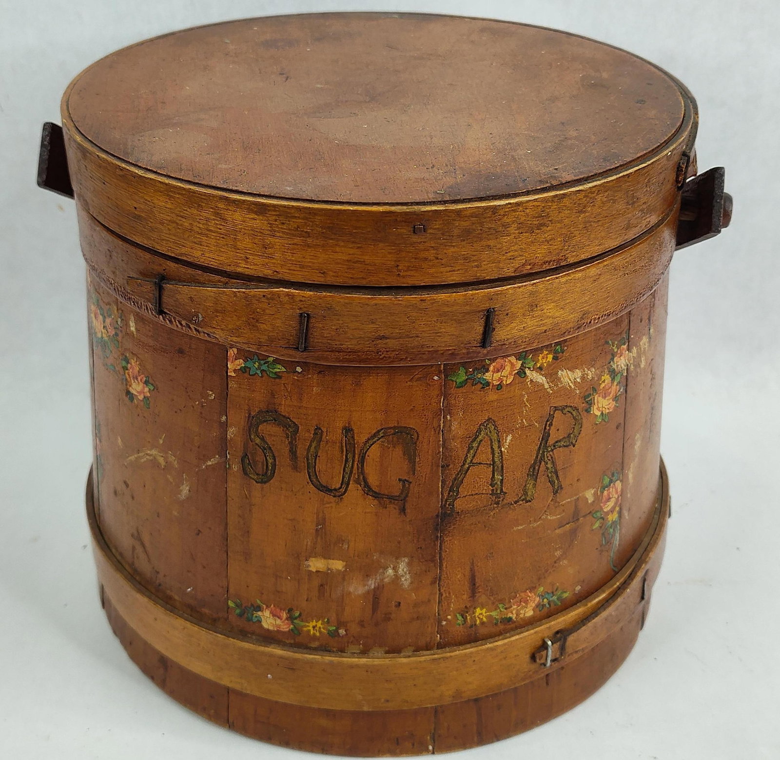 Antique Wood Staved Lidded Sugar Bucket / Firkin: Great antique lidded and handled sugar pail with floral decal and sugar engraved to the front standing 75 in H