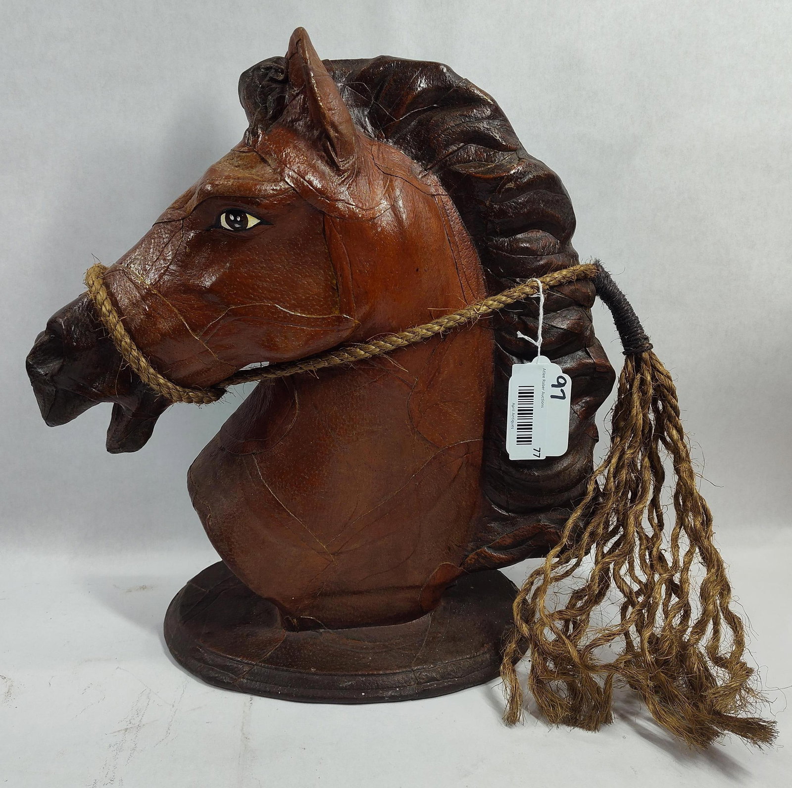 Hand Crafted Leather Wrapped Horse Head Figural Sculpture w/ Rope Bridle: Great sculpture standing 17 in H
