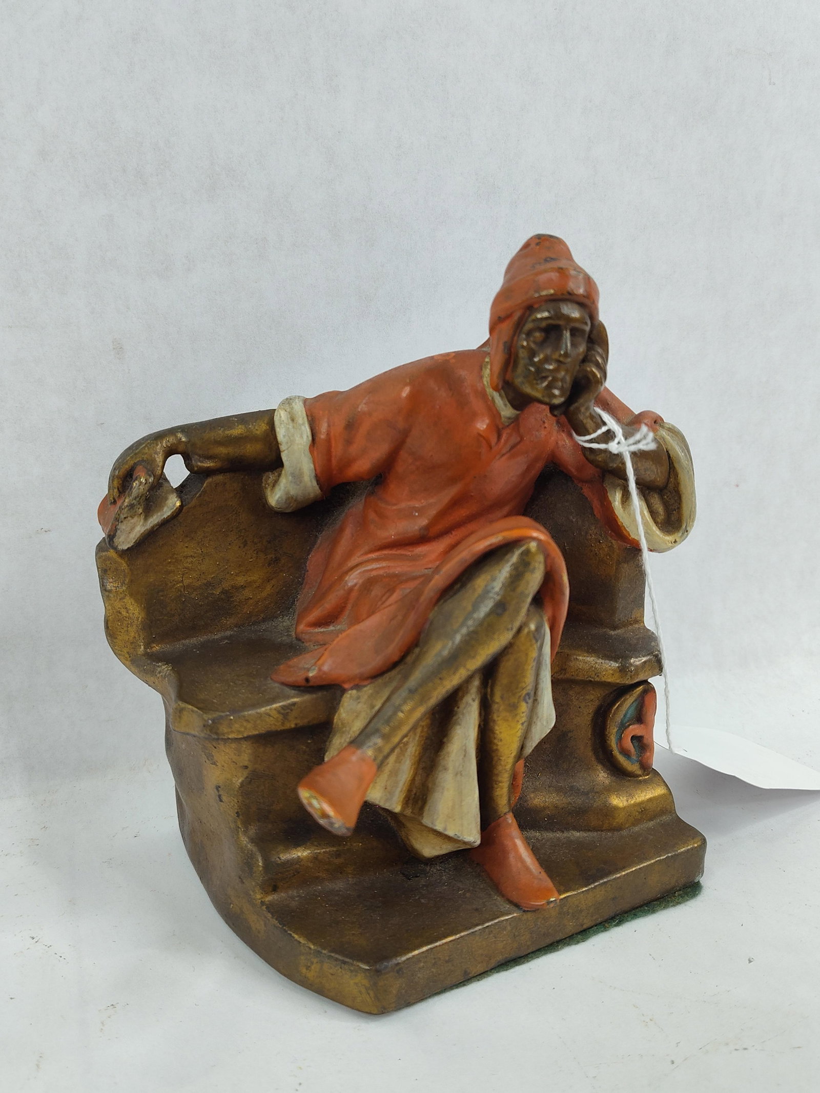 Antique Kronheim Oldenbusch K & O Mantarani's Dante Alighieri Bronze Clad Figural Bookend: Great overall condition showing no damage only fading or minor areas of paint loss including original label to bottom standing 6 in h