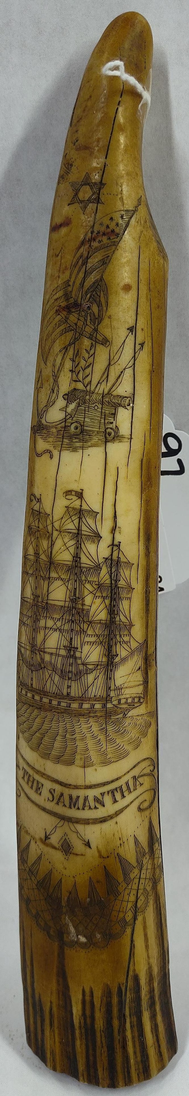 Great Faux Scrimshaw Whales Tooth Depicting The Samantha Intricate Carving: Great collecitble display standing 12 in H