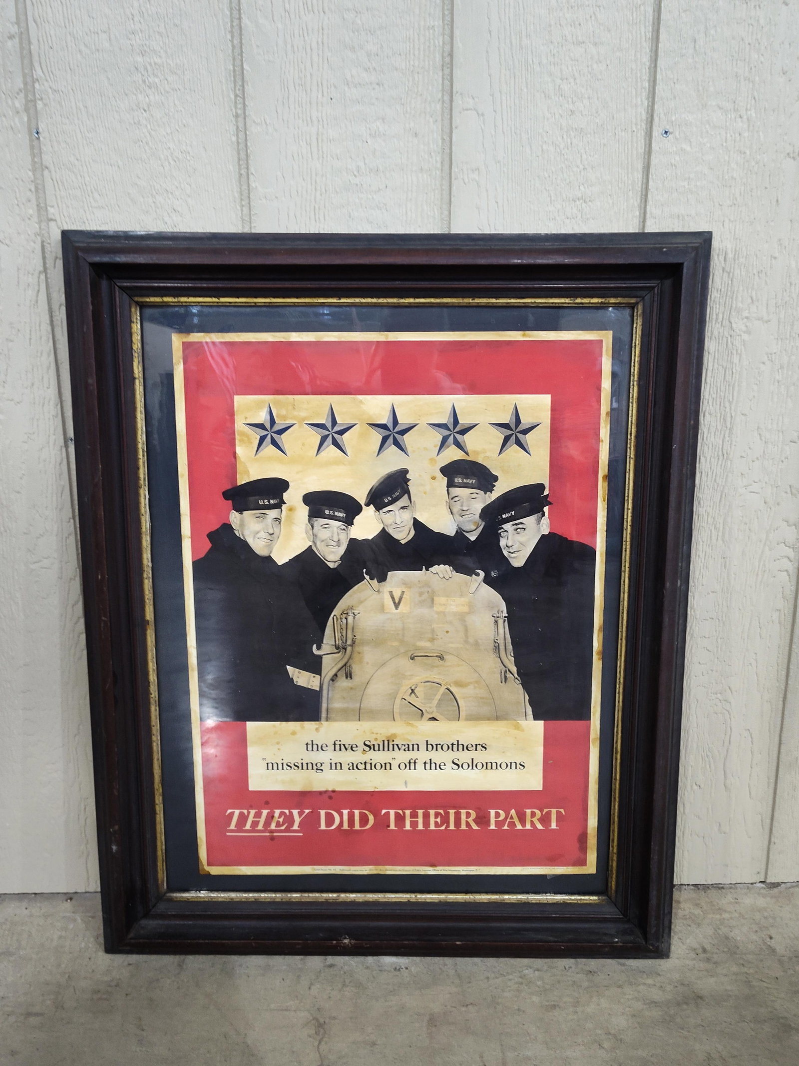 Original Framed 1943 United States WWII Propaganda Poster Commem The Five Sullivan Bros: Great US military propaganda collectible poster in an early wood deep well frame measuring 26 x 32