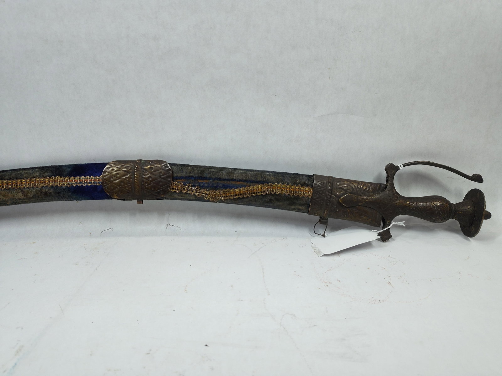 Early Indian Tulwar Sword Featuring Etched Blade w/ Scabbard Velvet over Wood w/Chased Brass Hardwar (1 of 8)