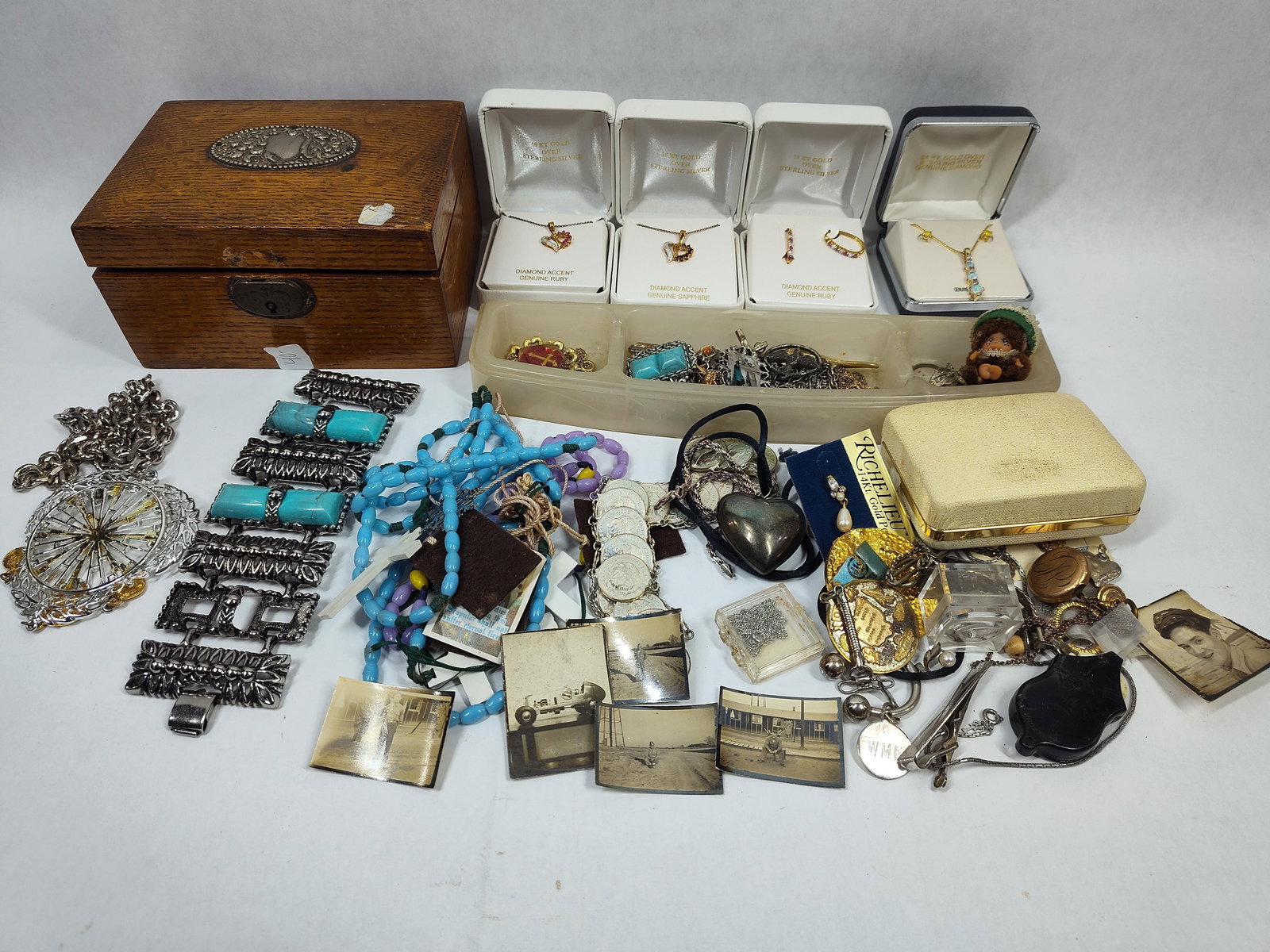 Loaded Mixed Jewelry Lot Inc Coin Bracelet, Gen Rubies, Gen Sapphire, Rosaries and More: this lot is loaded and sure to be treasures to find as this lot is unsorted as well as untested