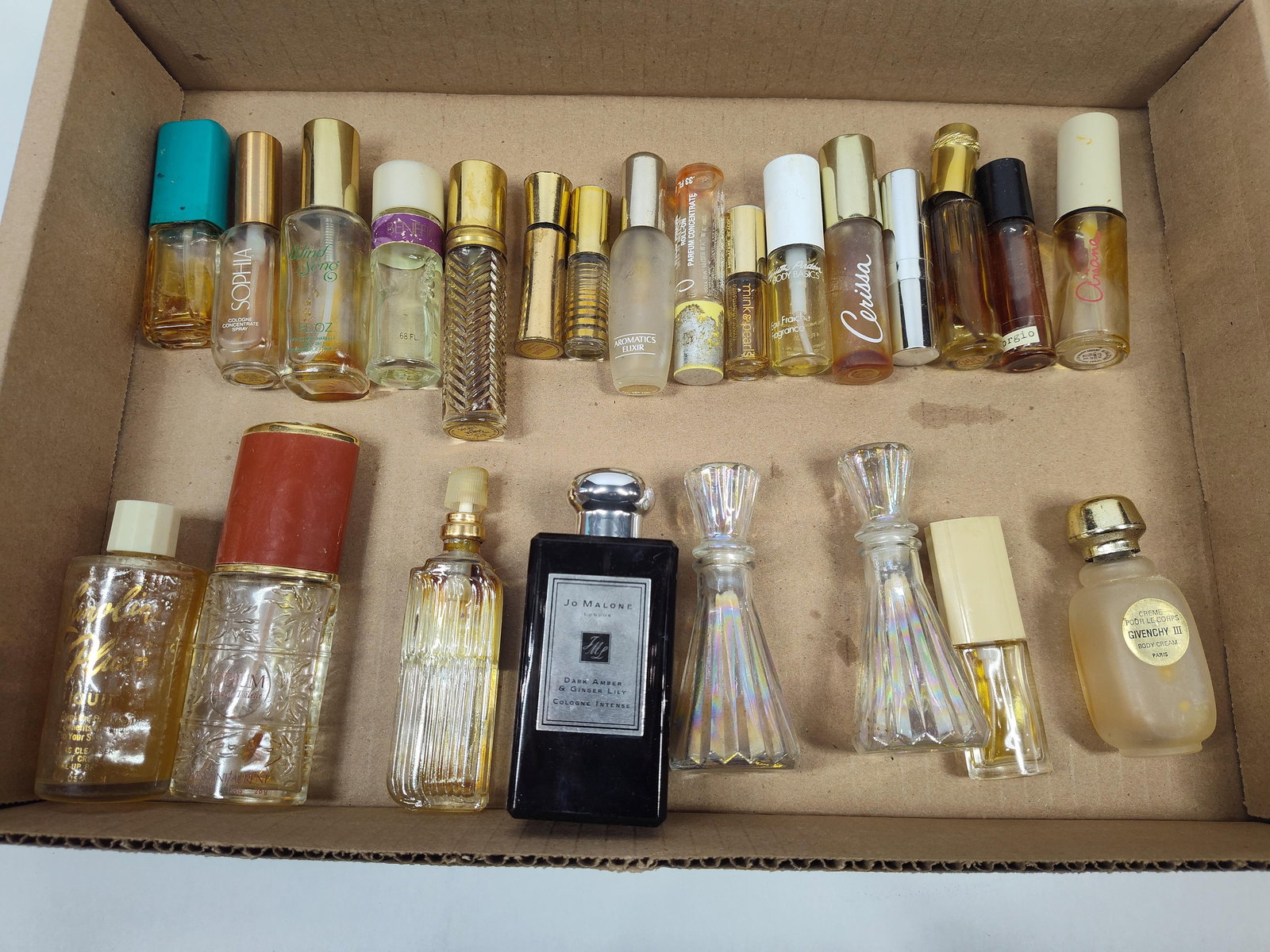 Givenchy III, Giorgio, Fairchild, Opium, Sophia, Wind Song, Jo Malone and More Parfum Bottles: This great collectible bottle lot includes many great bottles some with a minor amount of content