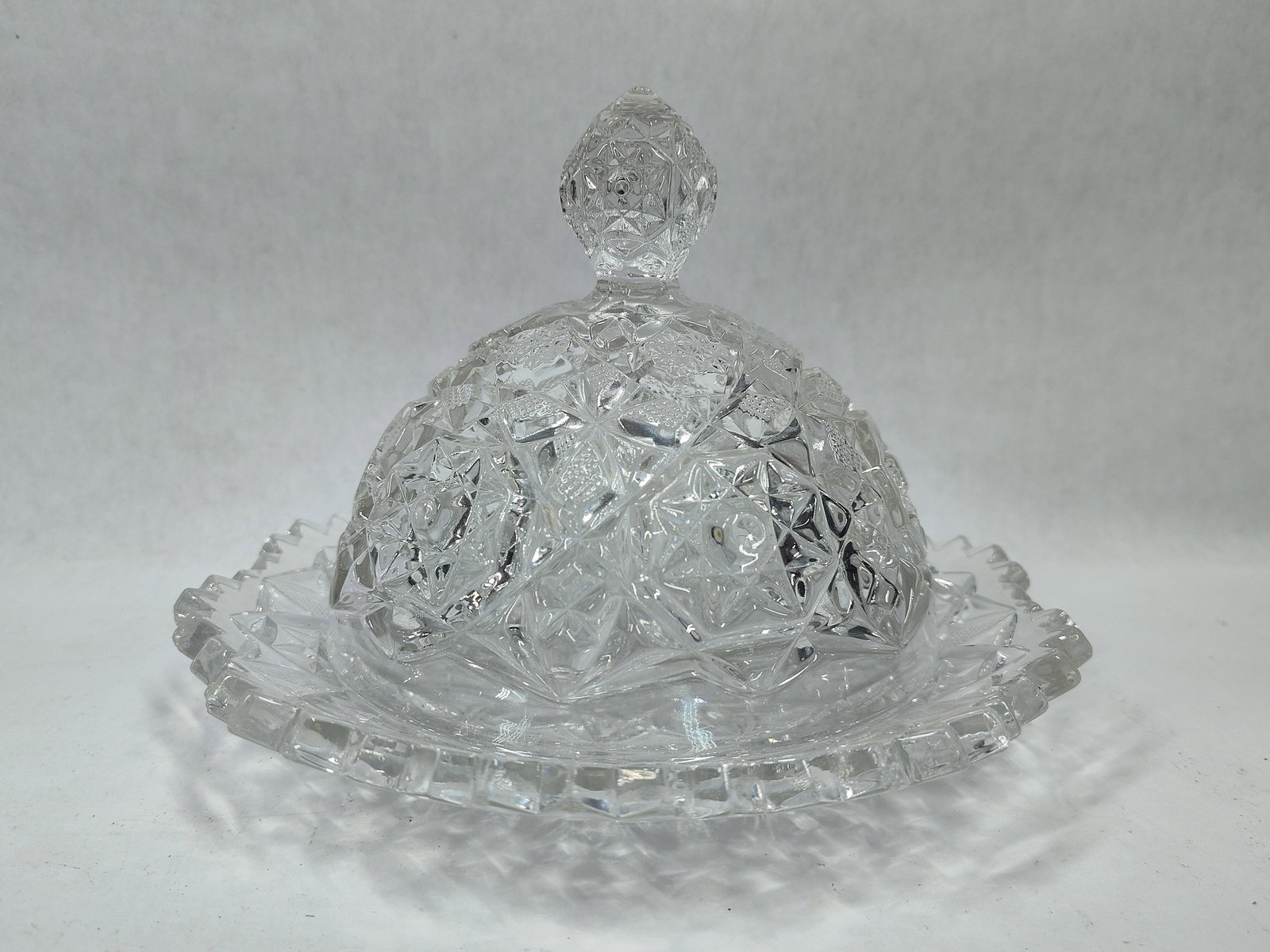 C 1905 Early American Brilliant Cut Glass Leaded Crystal ABCG Butter Dish w/ Hobstars Cane Under Pl (1 of 4)