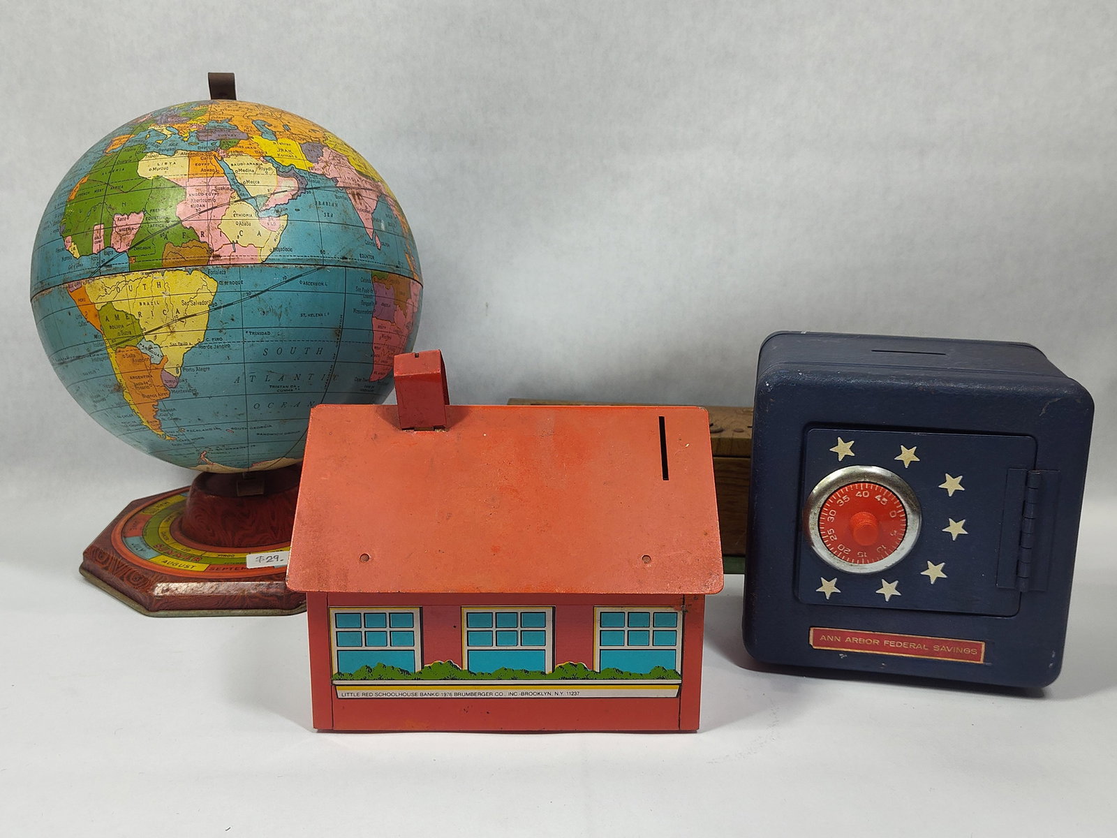 J Chein Tin Litho Globe, Ann Arbor Federal Savings Bank Safe, Home Budget Bank and Little Red Schoo (1 of 9)
