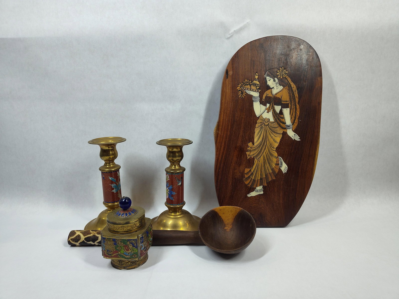 Handcrafted African Cow Bone Inlay Ladle, Indian Inlay Rosewood Plaque, Brass & Enamel Ware (1 of 12)