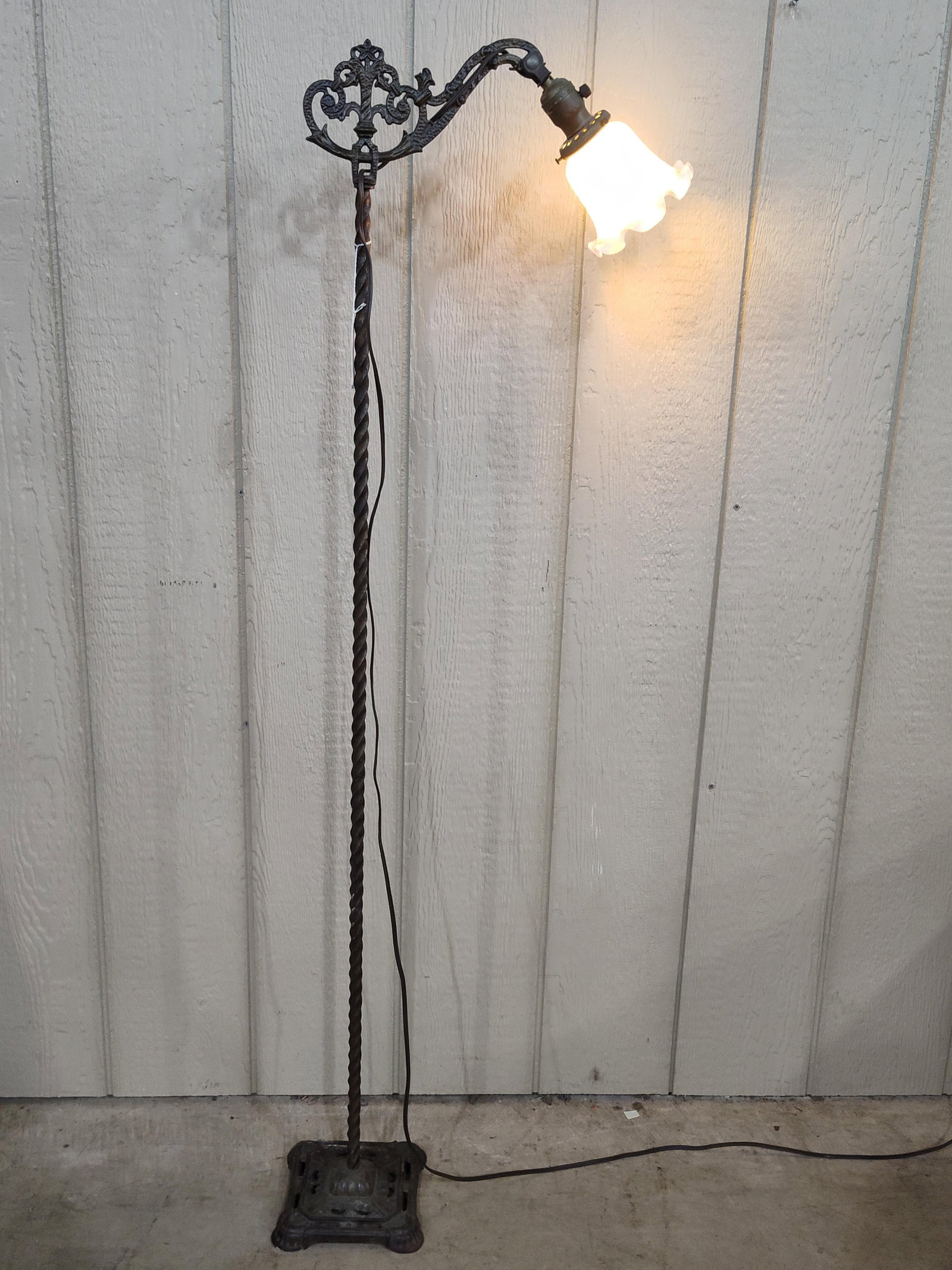 Antique Bridge Arm Floor Lamp w/ Open Work Ornate CI Base Twisted Spiral Post and Milk Glass Shade (1 of 6)