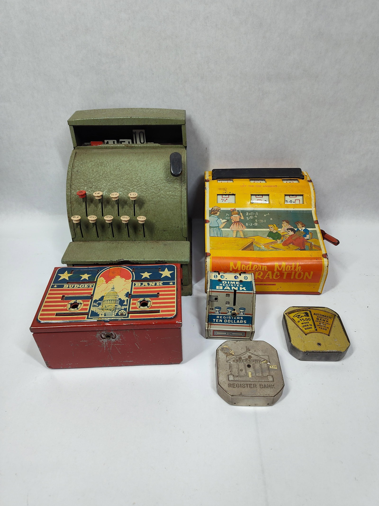 Antique Childs Toy Cash Register Lot inc Tom Thumb, Modern Math Machine and More Collectible Coin (1 of 8)