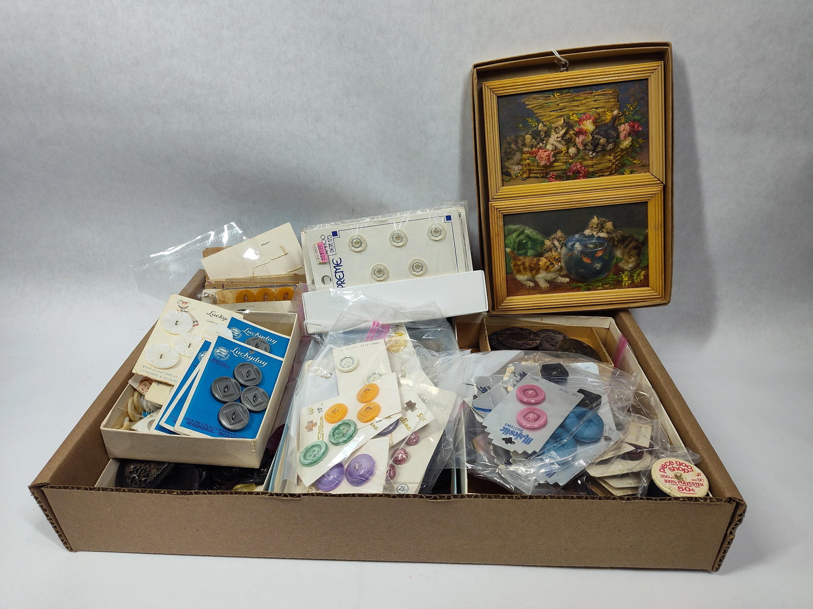 Lot of Antique Embossed Framed Pictures and NOS Buttons and More: This great early sewing room collectible lot is sure to be a great addition to any collection