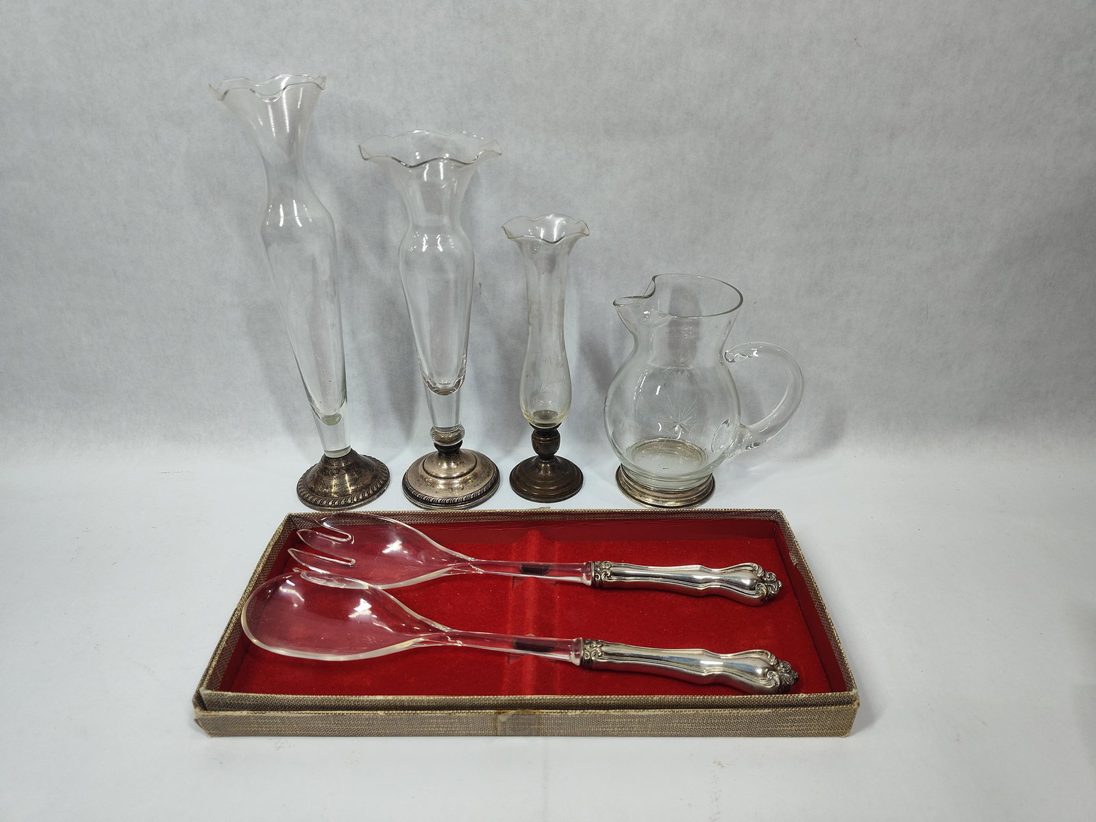 Sterling Base Crystal Bud Vases, Pitcher and Serving Utensils (1 of 4)