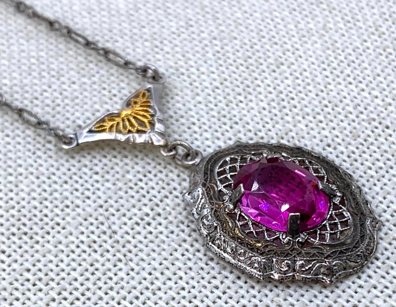 Antique Edwardian Art Nouveau Filigree Rose Glass Openwork Pendant Sterling Silver Necklace (1 of 13)