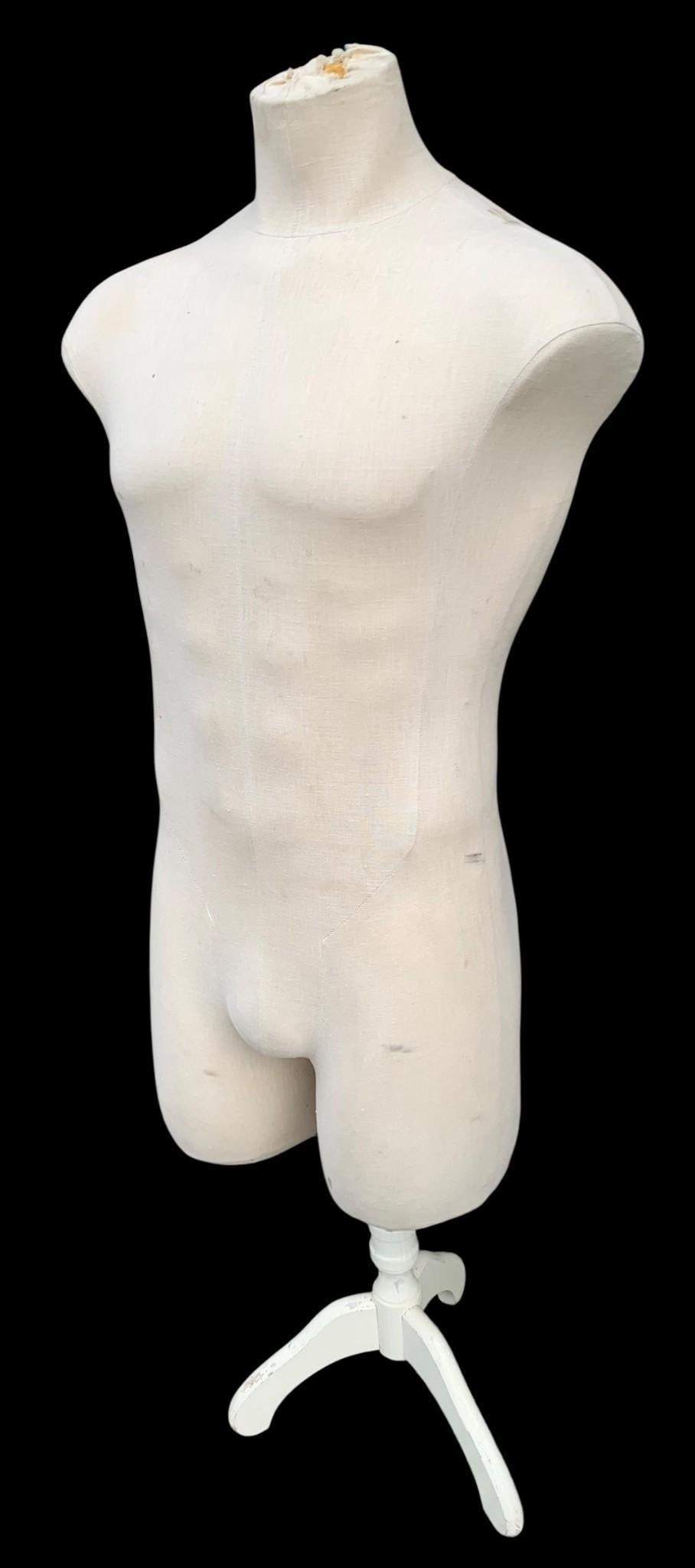 Vintage Men's Haberdashery Clothing Shop Mannequin: Adult Male fabric covered foam body with white washed wood base, hand seamed along the back, the neck cap is absent as shown.