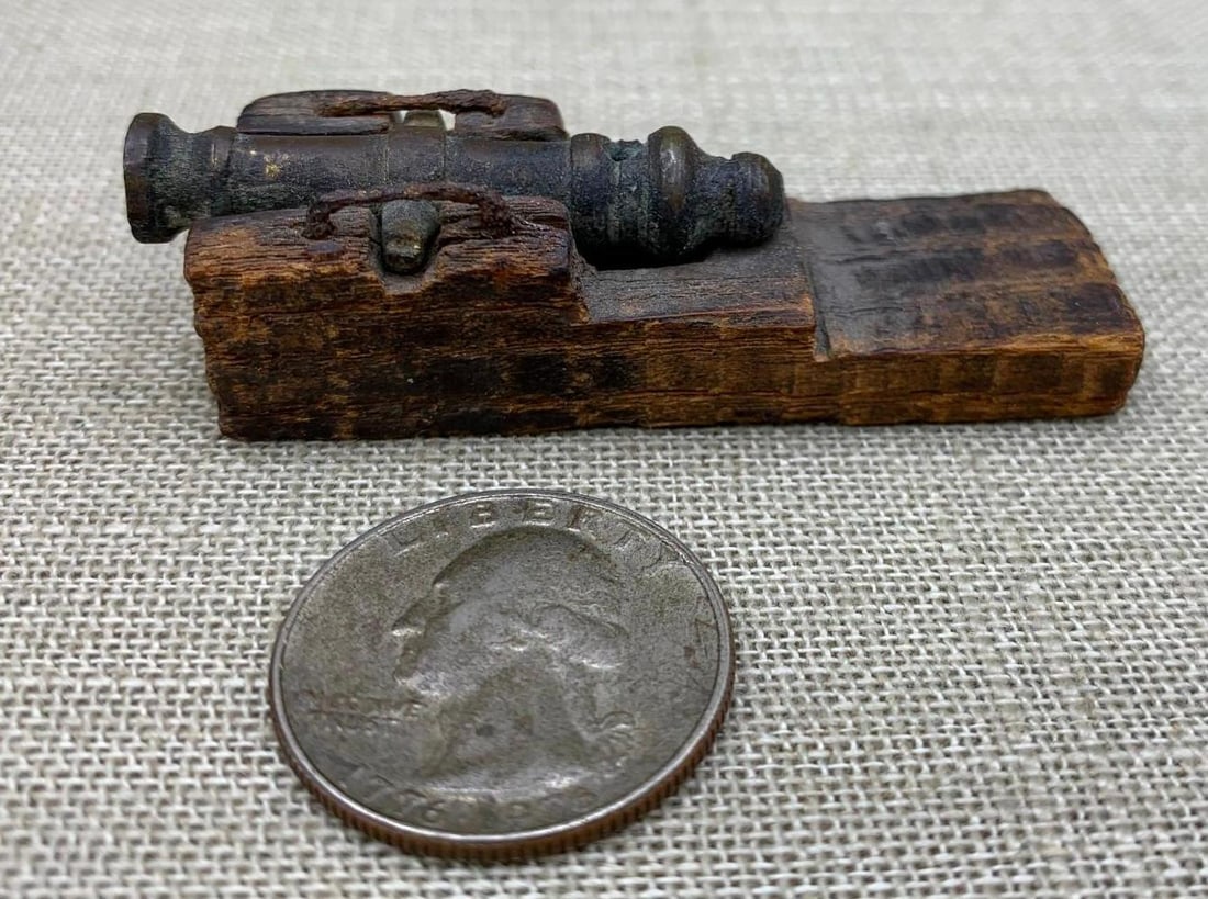 Antique 19th Century Miniature 1 1/2 inch Brass Cannon on Early Tiered Wood Base (1 of 8)
