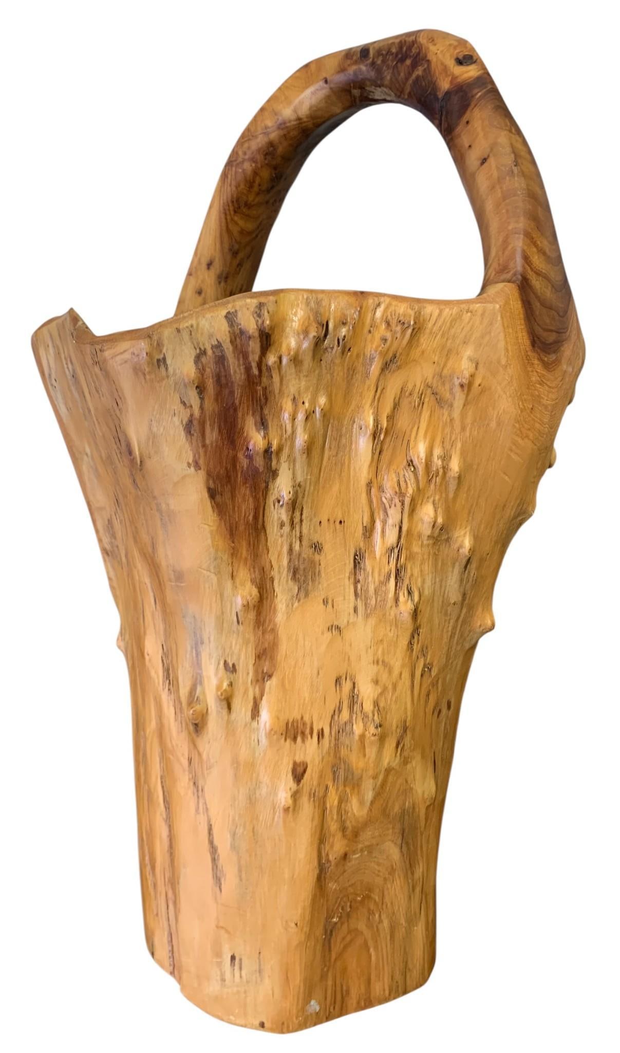 Large 20 inch Organic Hand Carved Burl Wood Tree Trunk Oversize Handled Bucket Basket: Beautifully asymmetrical in design, 20 IN x 12 1/2 IN on a 7 1/4 IN base, incredible grain, sits evenly, Fantastic! 