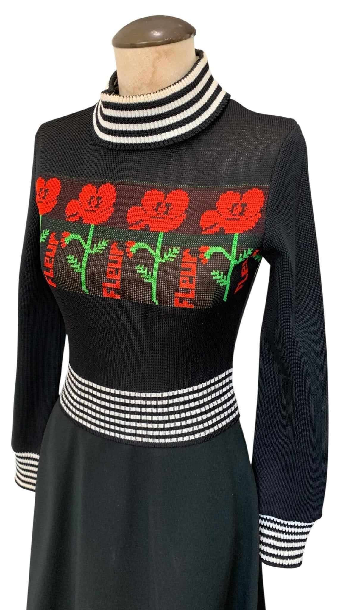 Unique Vintage 1970s Vicky Vaughn Fleur Novelty Knit Fit-N-Flare Dress: .