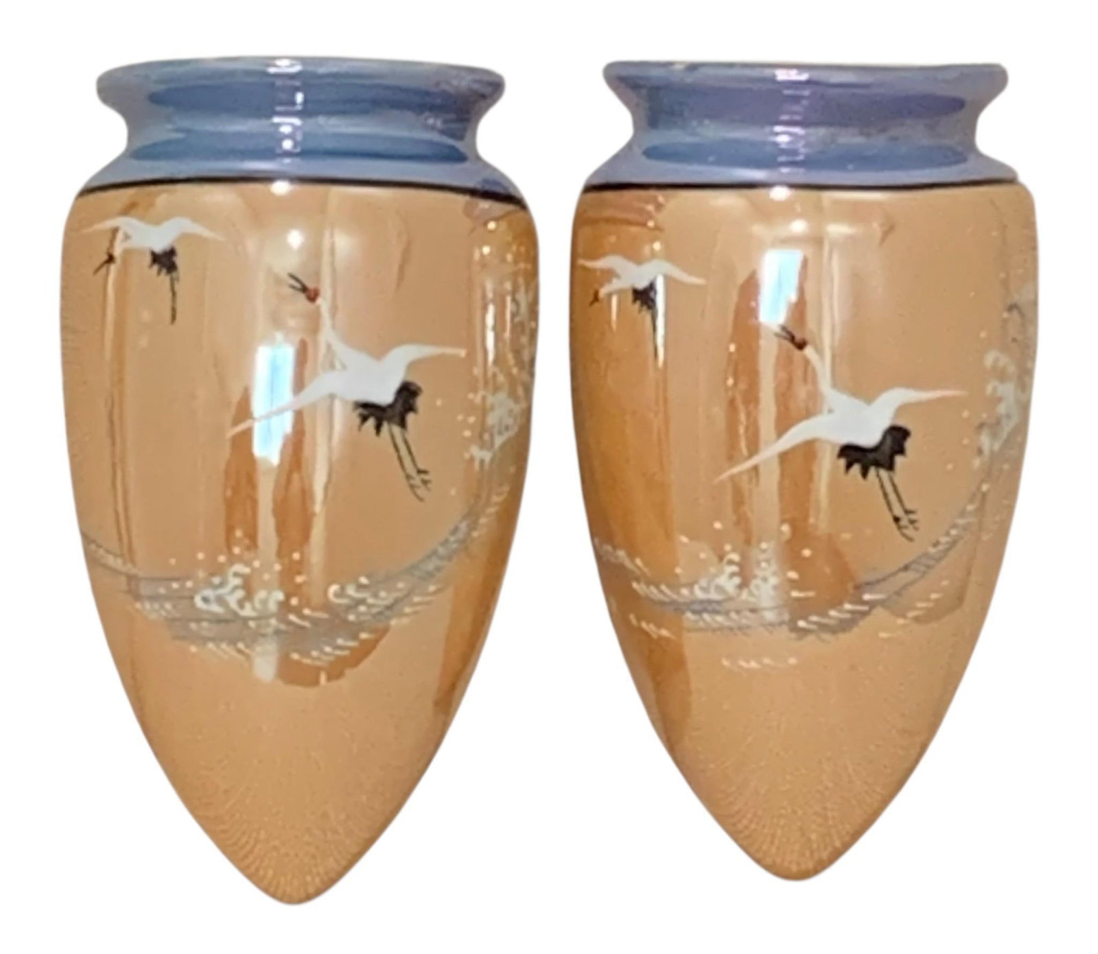 Pair Fantastic Flying White Heron Peach Lusterware Art Deco Porcelain Wall Pockets: Made in Japan stamps on each, 5 1/2 IN x 3 IN, delicately hand painted on high shine peach luster with azure blue accents, no damage to the porcelain.