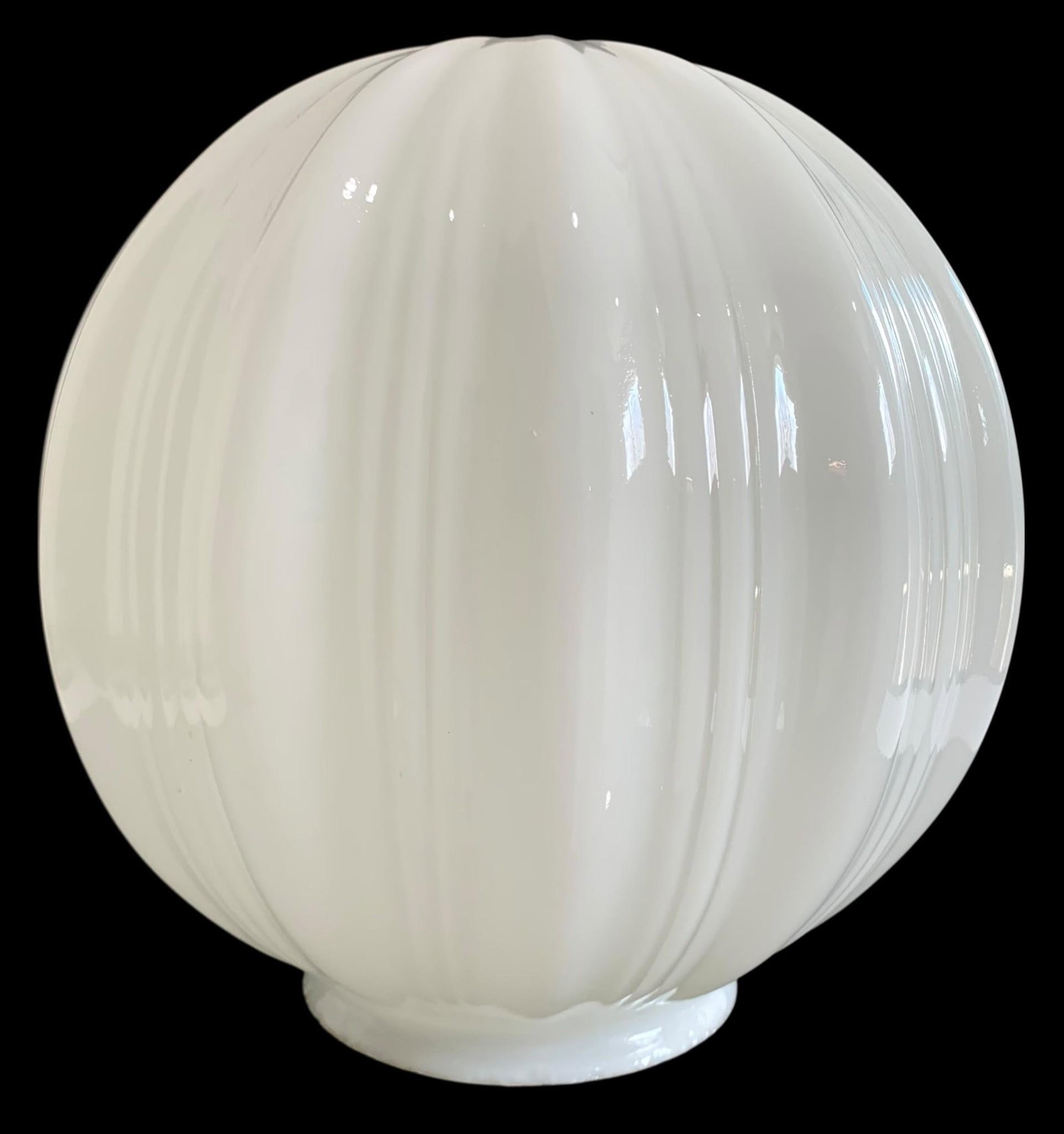 HUGE Vintage 12 inch Ribbed Milk Glass Globe, 6 inch Fitter Oversize Ceiling Light Shade: 12 IN x 11 IN with 6 IN fitter, hefty in weight with light wear along the fitter edge, no structural issues to the glass.