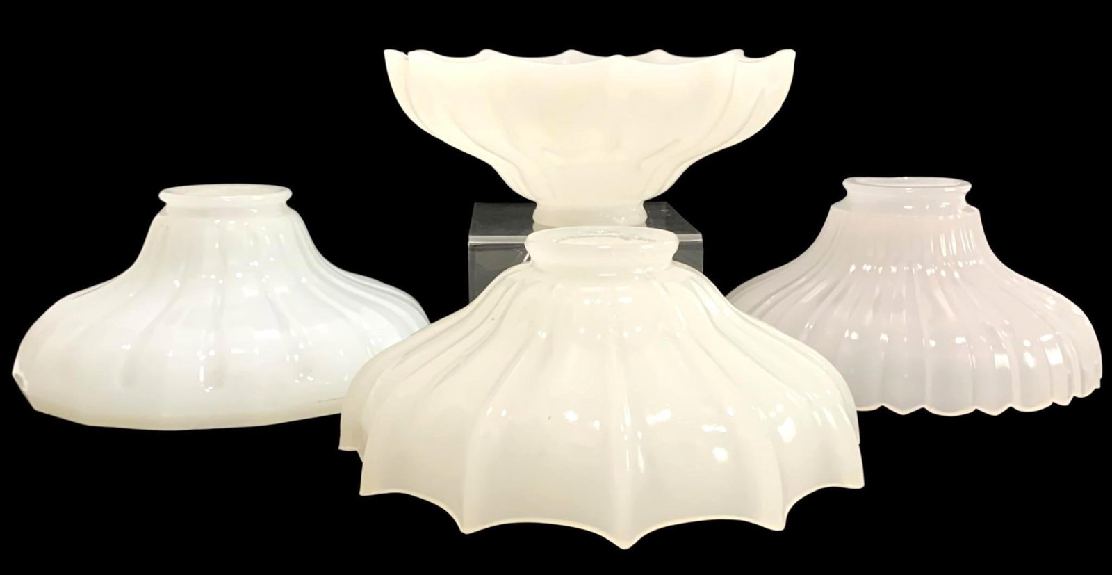 Four Vintage Clambroth Glass Ribbed and Flared Sheffield Style Light Shades: 1 pair with pointed scalloped tips (one has two small flakes on the underside edge) and two singles, all with 2 1/4 IN fitters, one single is slightly less transparent as the others, all hefty in weig