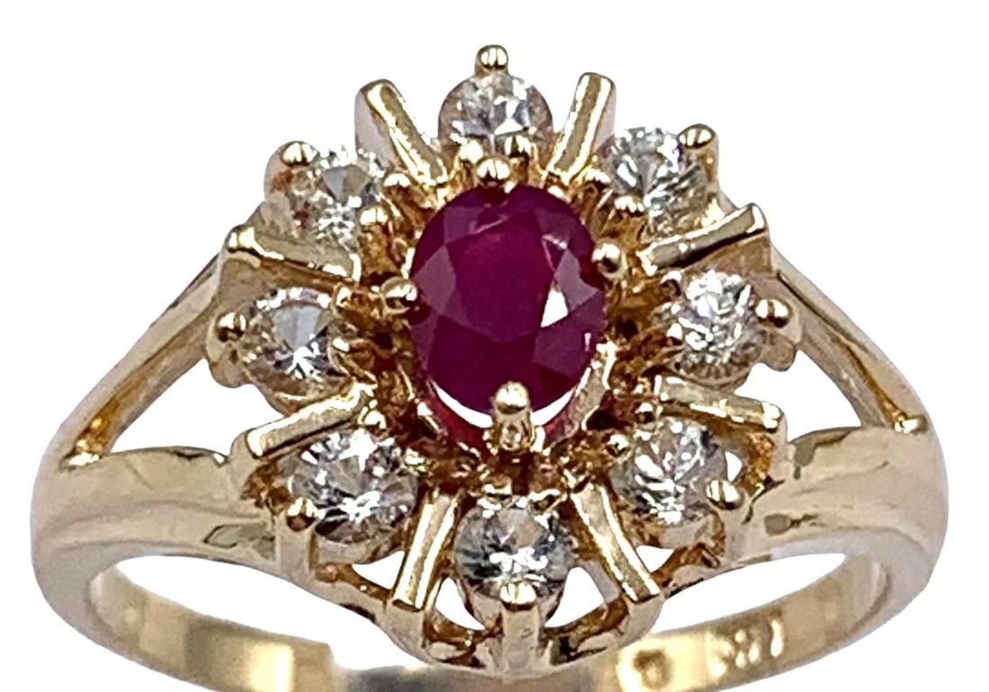 Fine Estate 14k Yellow Gold Faceted Ruby and Glittering Diamond Halo Ring: 14k hallmark, 7.75 size, 4.75x4mm faceted oval Ruby, eight sparkling 2mm round prong set Diamonds, 4 gram total weight, Gorgeous! 