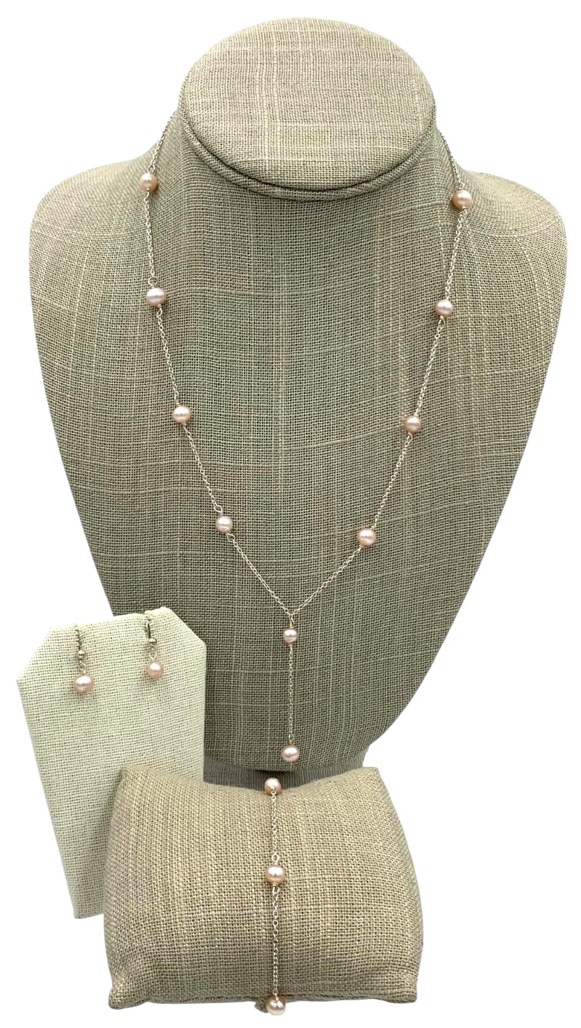 Exquisite Blush Pink Freshwater Pearl Sterling Silver Y Necklace, Matching 925 Bracelet & Earrings: 925 hallmarks on each piece, 7mm-5mm blush pink pearls stationed between silver links, 4 options for length (16 IN to 20 IN), working closure, matching 6mm pierced earrings and 7 IN length bracelet. B