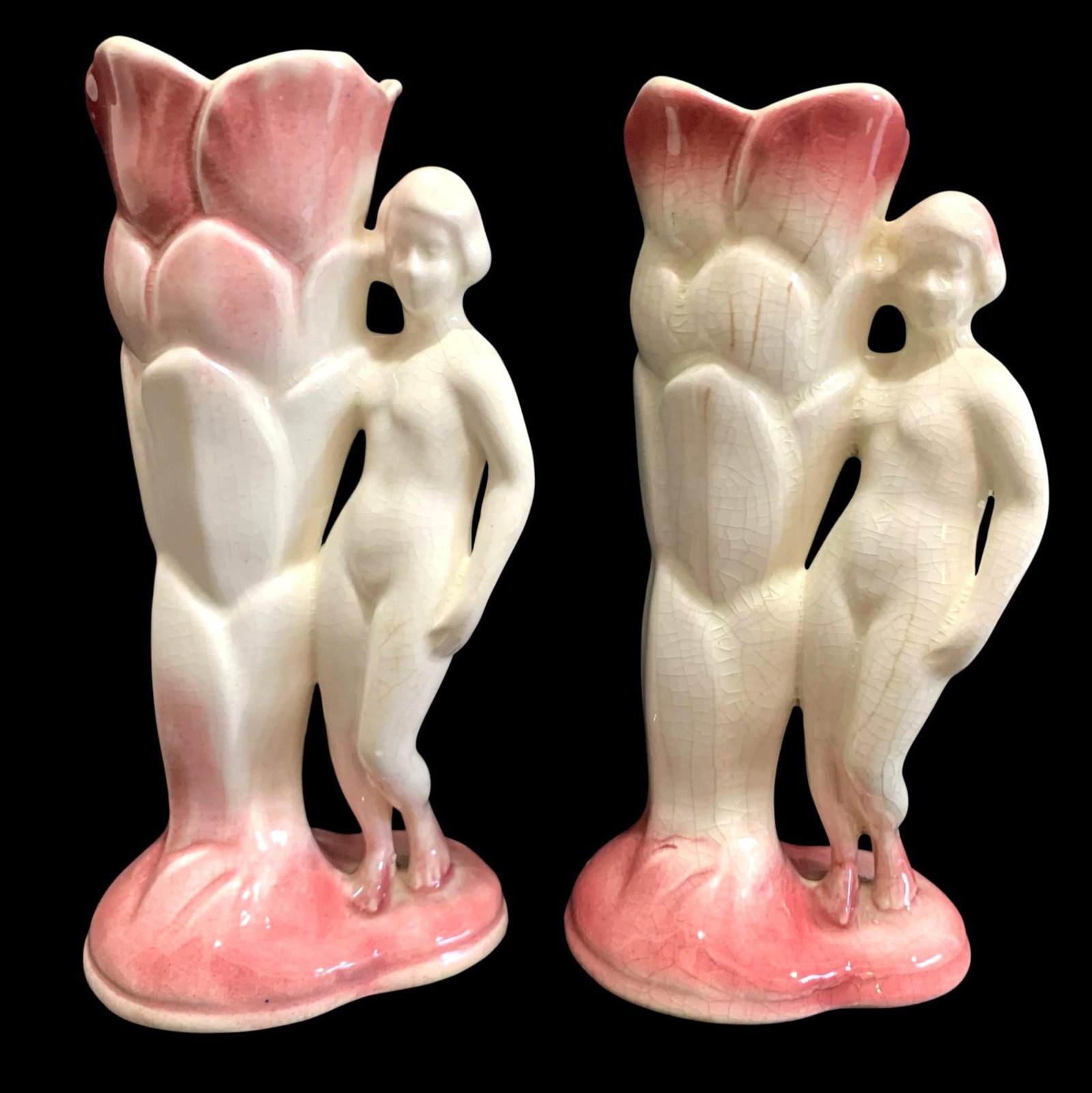 Pair 1930s USONA Female Nude Chester West Virginia Figural Art Pottery Vases: Fantastic rose ombre art pottery Nude vases by USONA (United States of North America), each 7 1/4 IN tall on a 3 1/4 IN base, craquelure to the glaze with no structural issues.