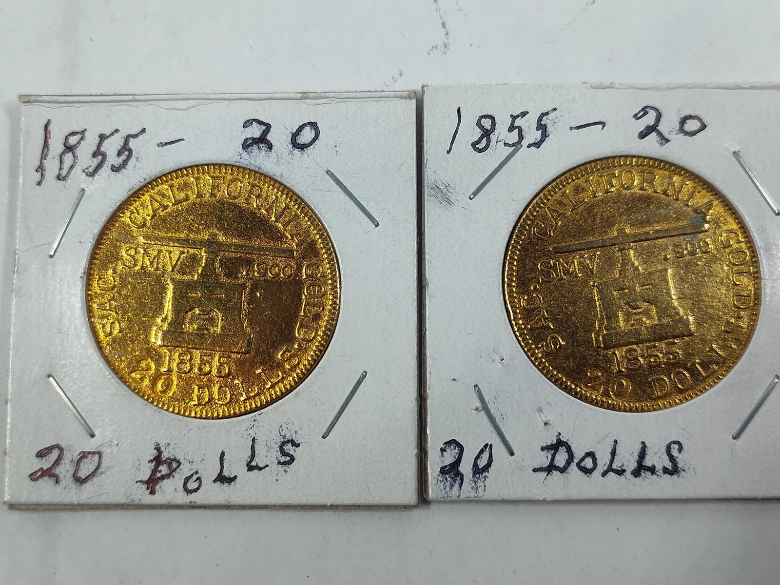 1855 Blake and Co. Assayers California Gold Faux $20 Gold Tone Tokens Lot of 2: Showing wear??