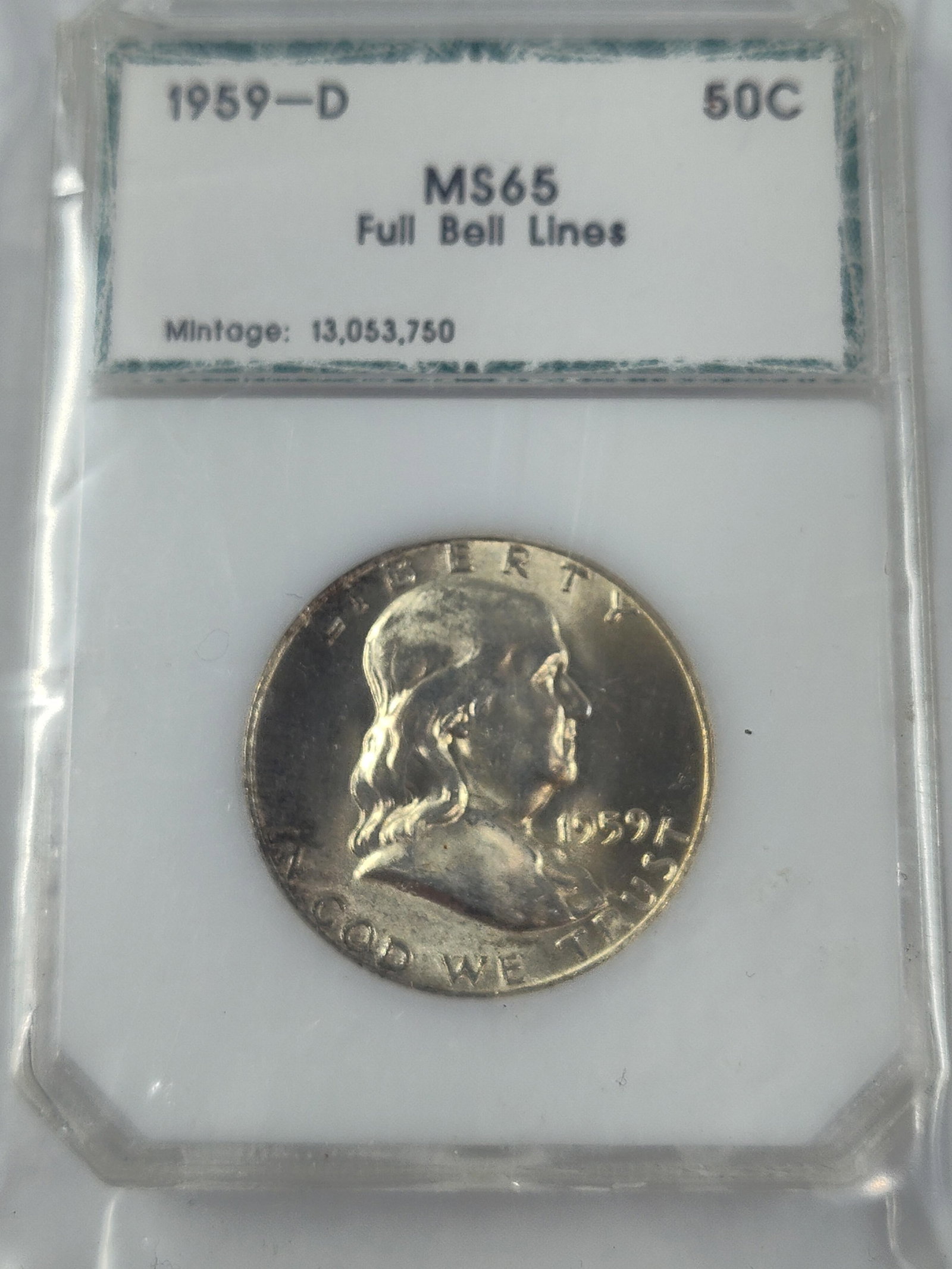 1959 D Full Bell Lines Franklin Half Dollar FBL MS65: MS6550CMintage 13,053,750