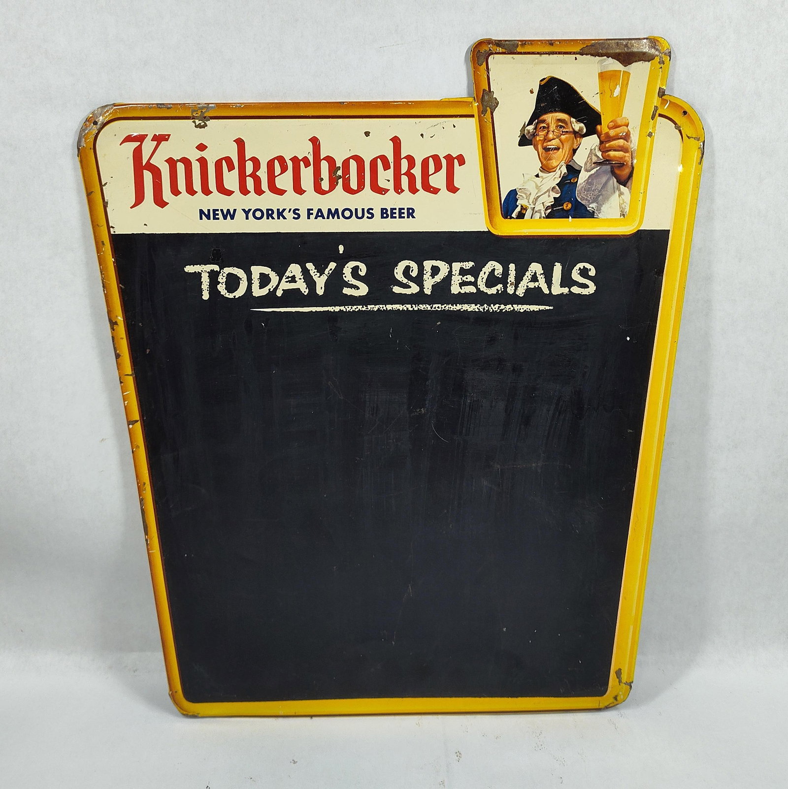 SST Knickerbocker Beer Menu sign: 1-sided painted metal sign with cardboard easelback. 16.25in x 18.75in.