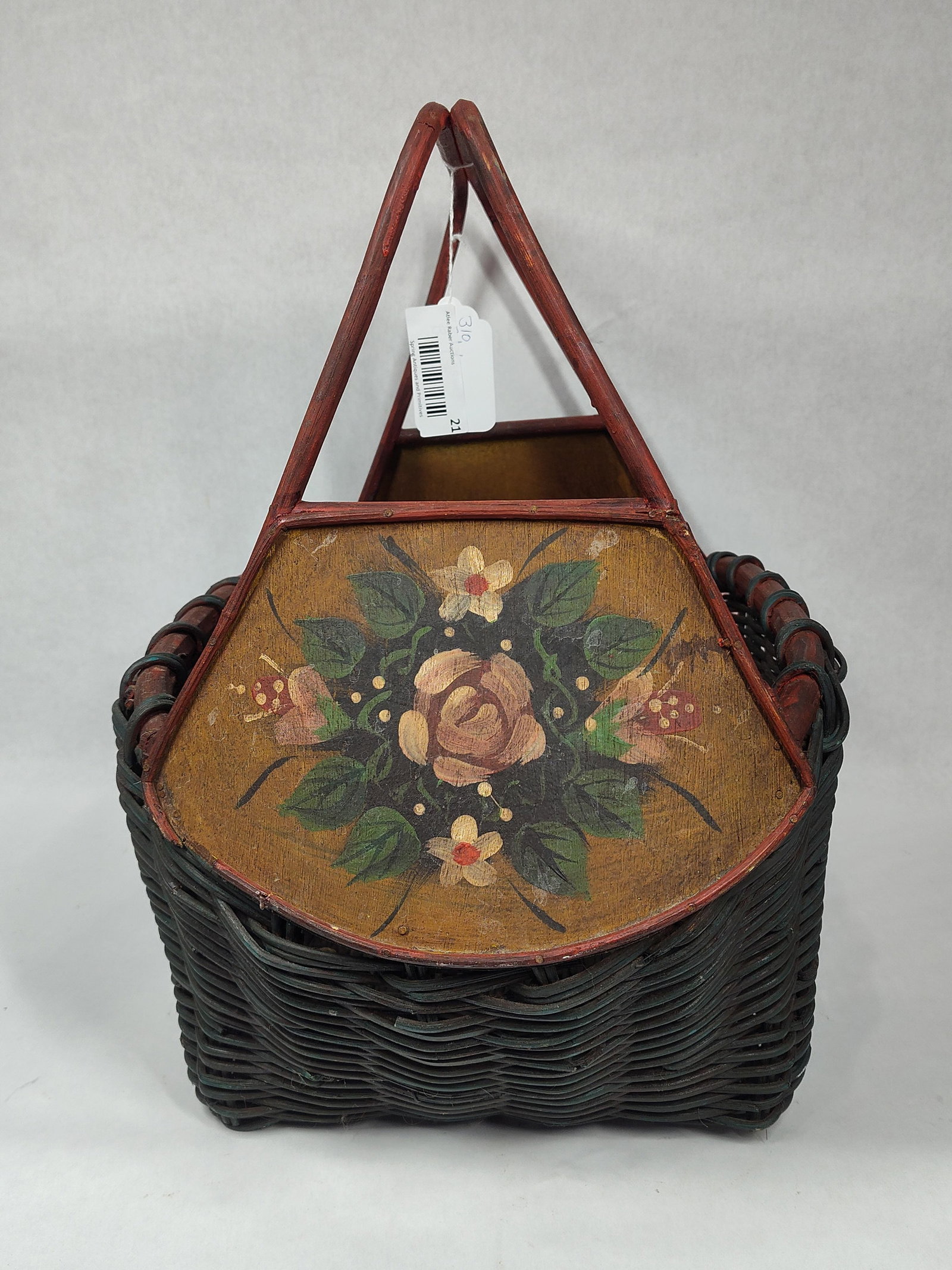Tole Painted Basket: Shows a couple minor chips or breaks but overall in good condition! 11.5in wide approximately 18in long 16in tall to top of handle.