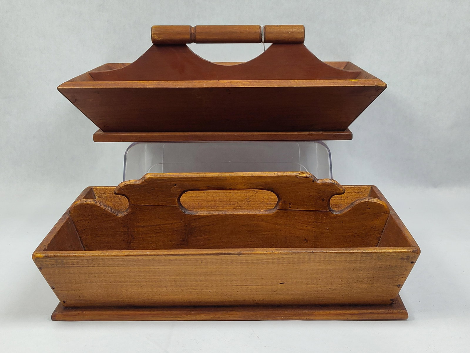 2- Antique Wooden Cutlery Trays/Caddies: One has a repaired handle. Both are similar in size, larger is 9in x 13.5in.
