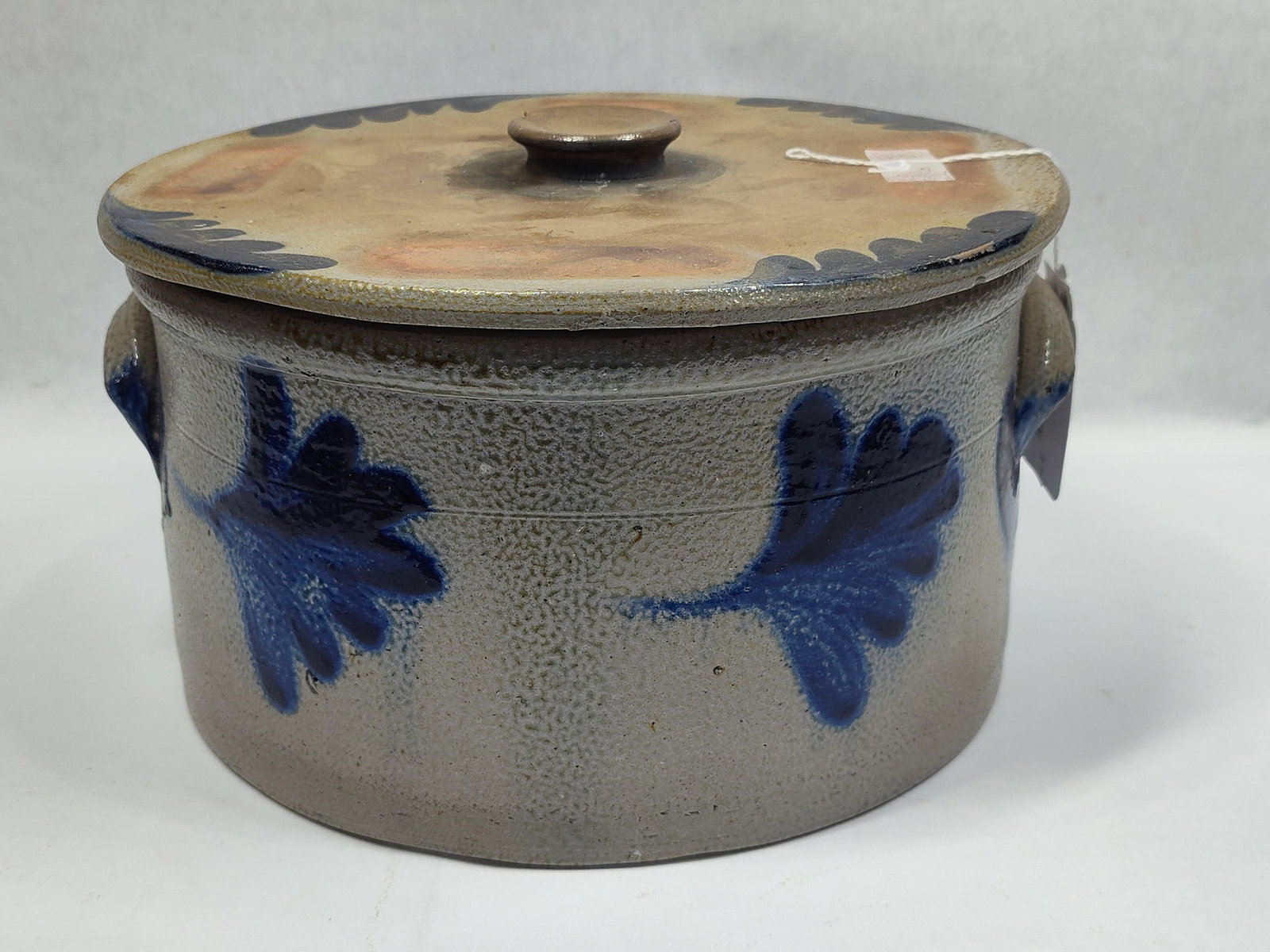 Outstanding Decorated Cake Crock w/ Lid: Crock with great sharp Cobalt decorations and in excellent condition!! Lid has chip on knob and one chip on edge, overall is a wonderful piece! 10in diameter 6in tall.