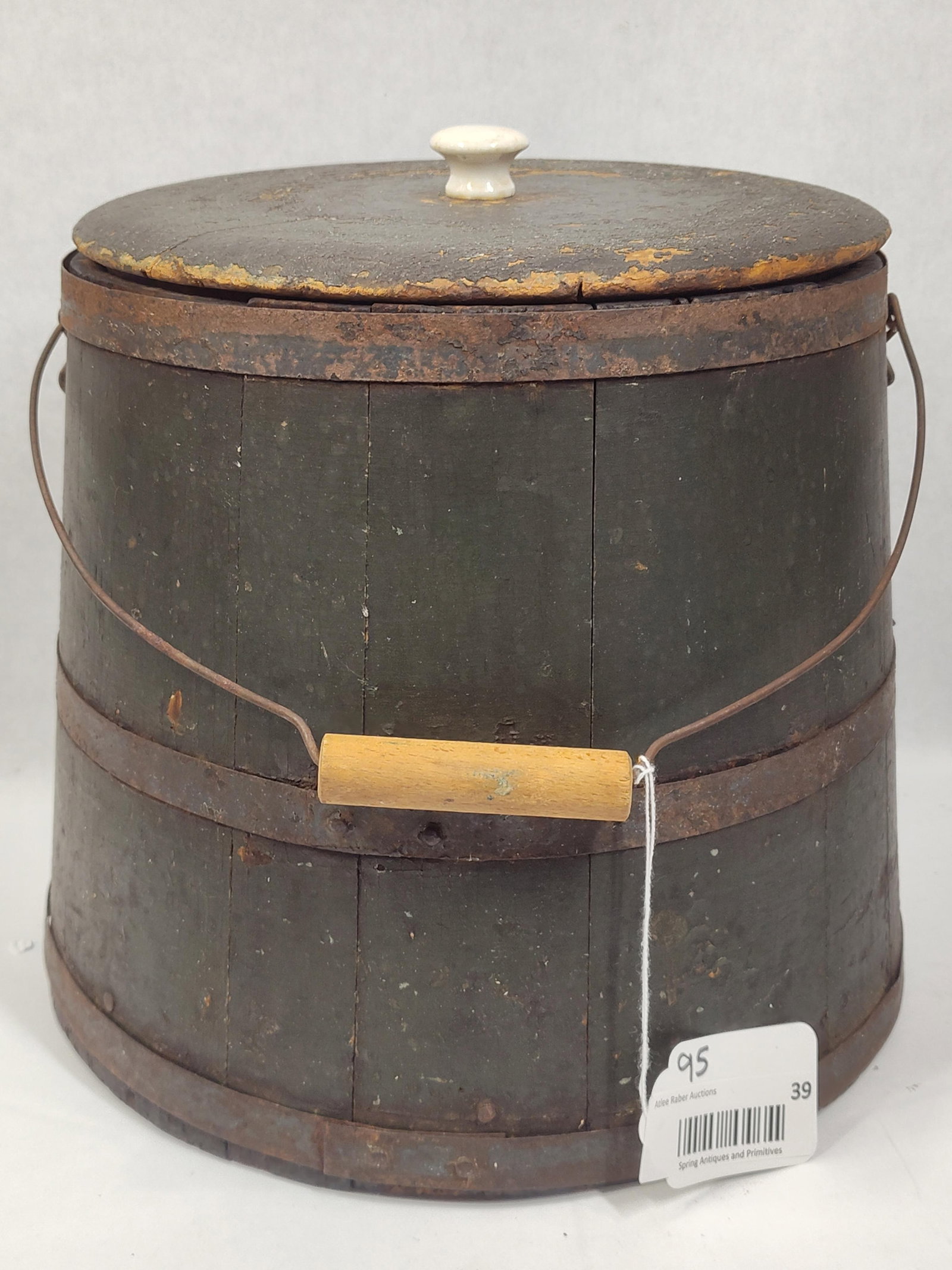 Old Wooden Firkin Bucket in original green paint (1 of 6)