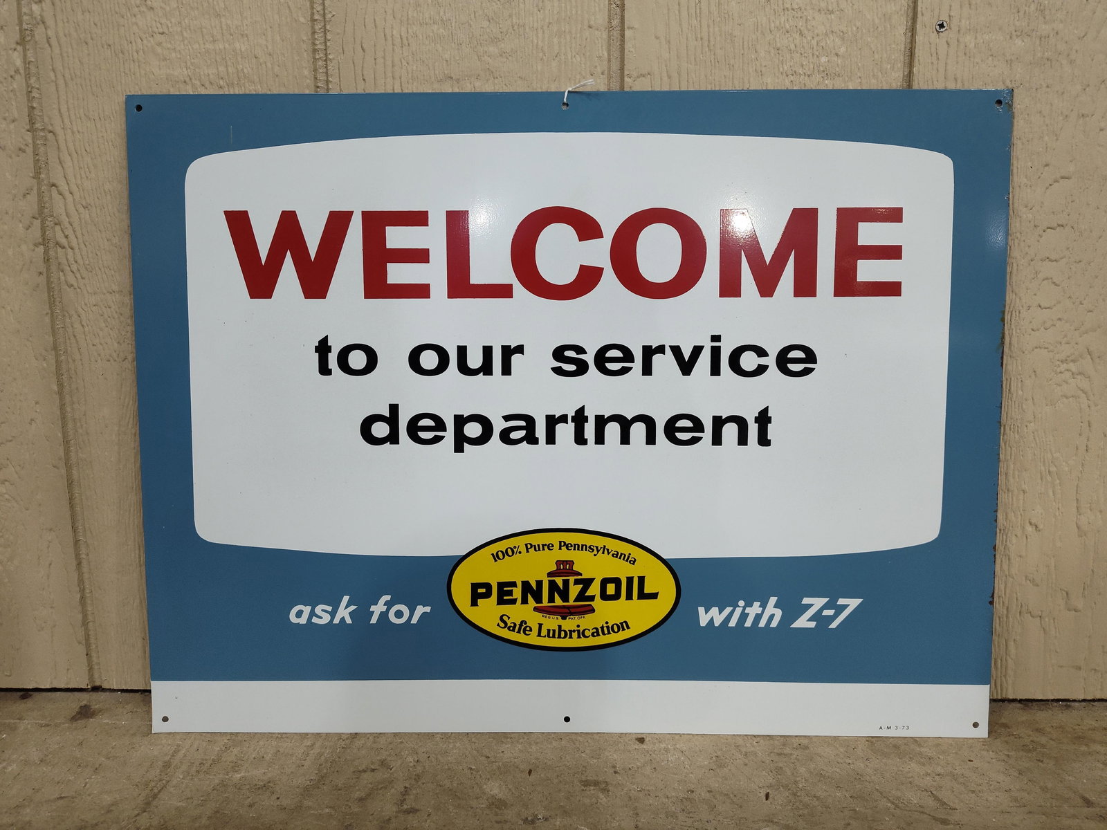 SST Pennzoil Welcome to our service department sign: New old stock 1-sided painted metal sign. Marked A-M 3-73. 18in x 24in.